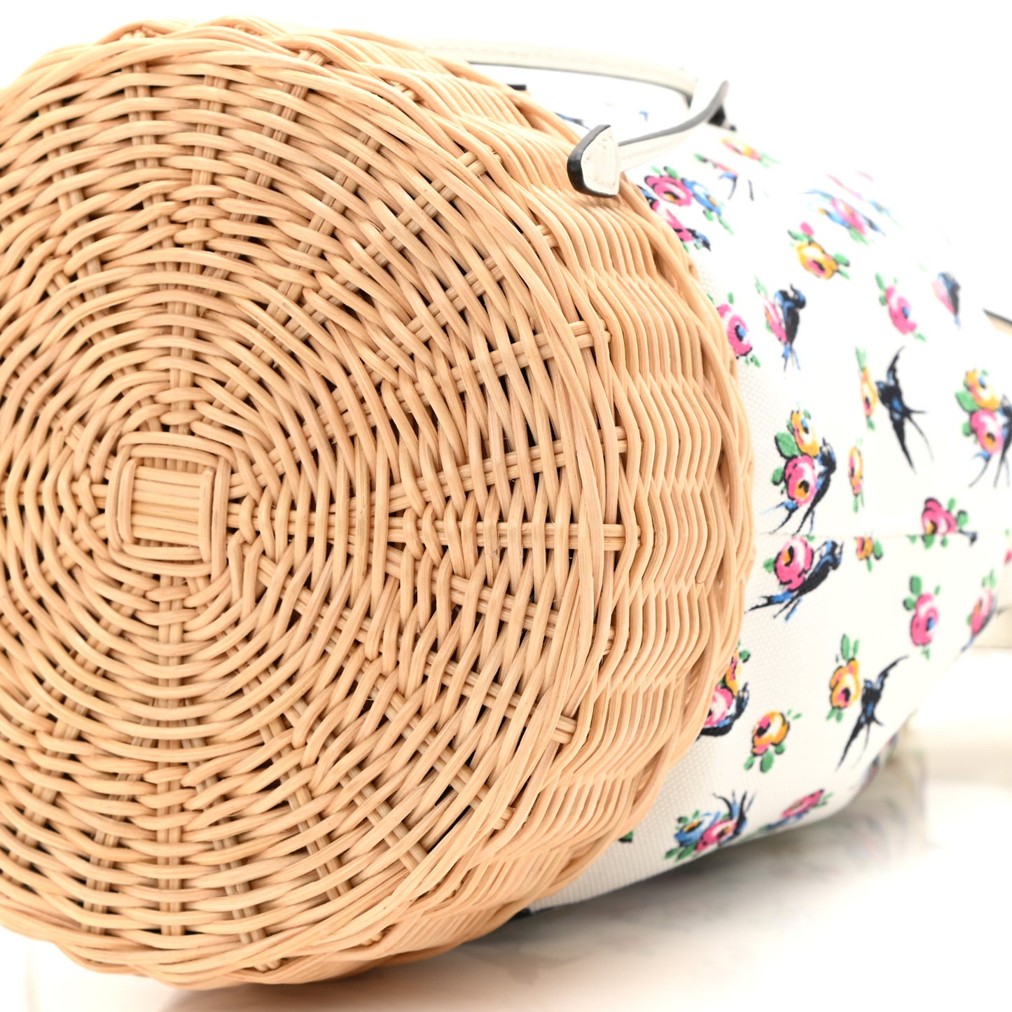 Wicker Canvas Floral Print Bucket Bag White Multicolor