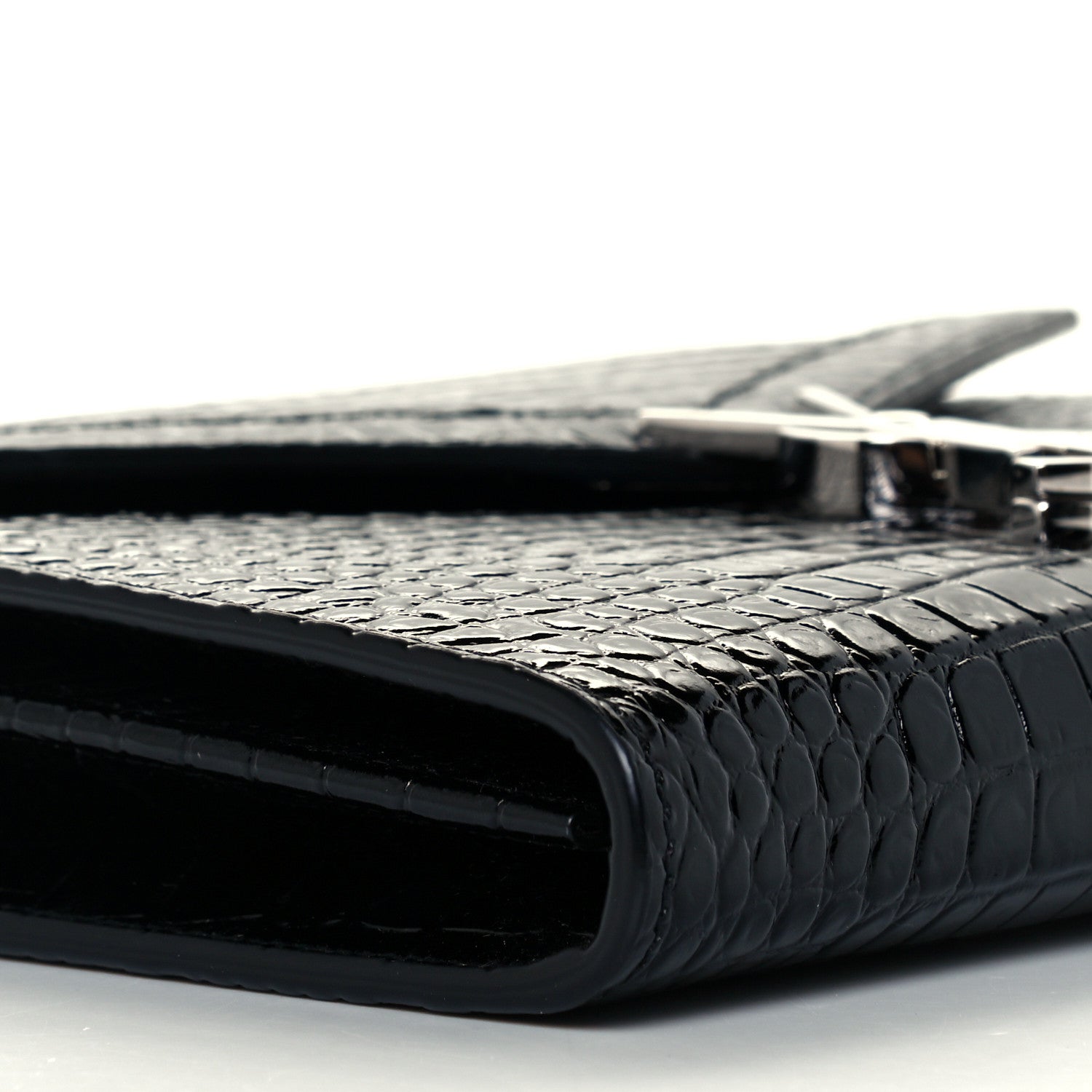 Saint Laurent Patent Calfskin Crocodile Embossed Monogram Cassandra Chain Wallet Black 9 of 11