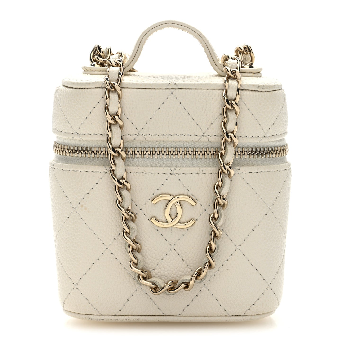 Caviar Quilted Small Handle With Care Vanity Case With Chain White