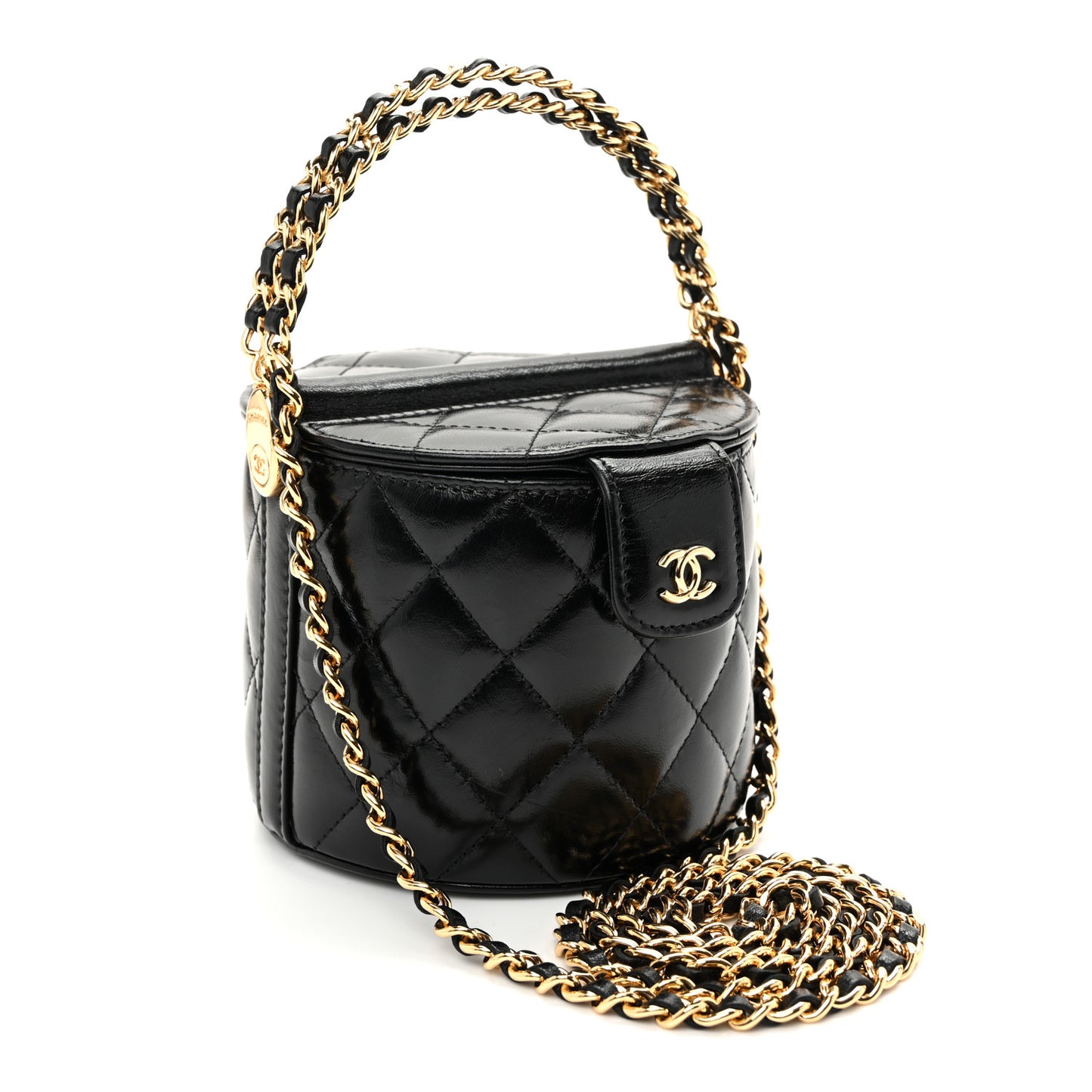 Lambskin Quilted Chain Top Handle Vanity With Chain  Black