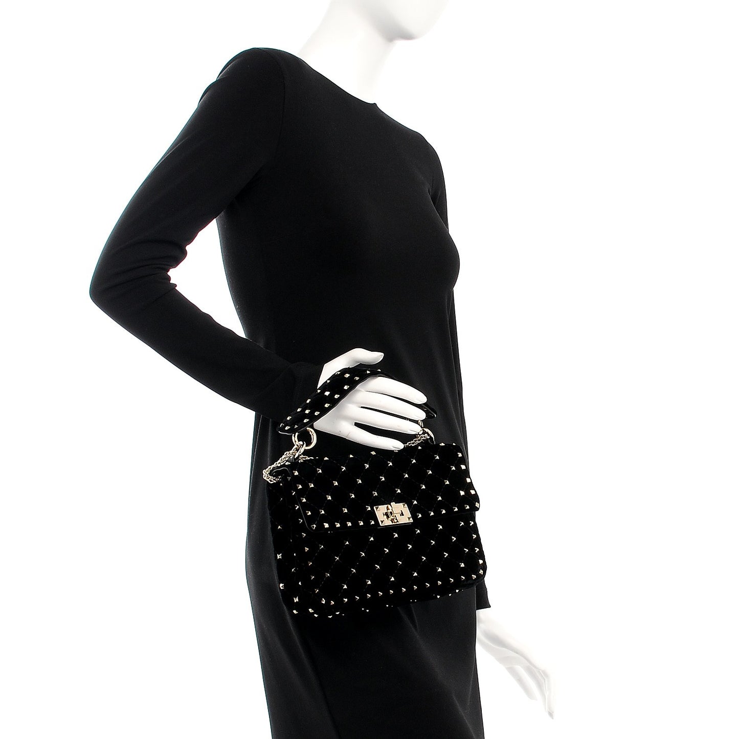Velvet Medium Rockstud Spike Shoulder Bag Black