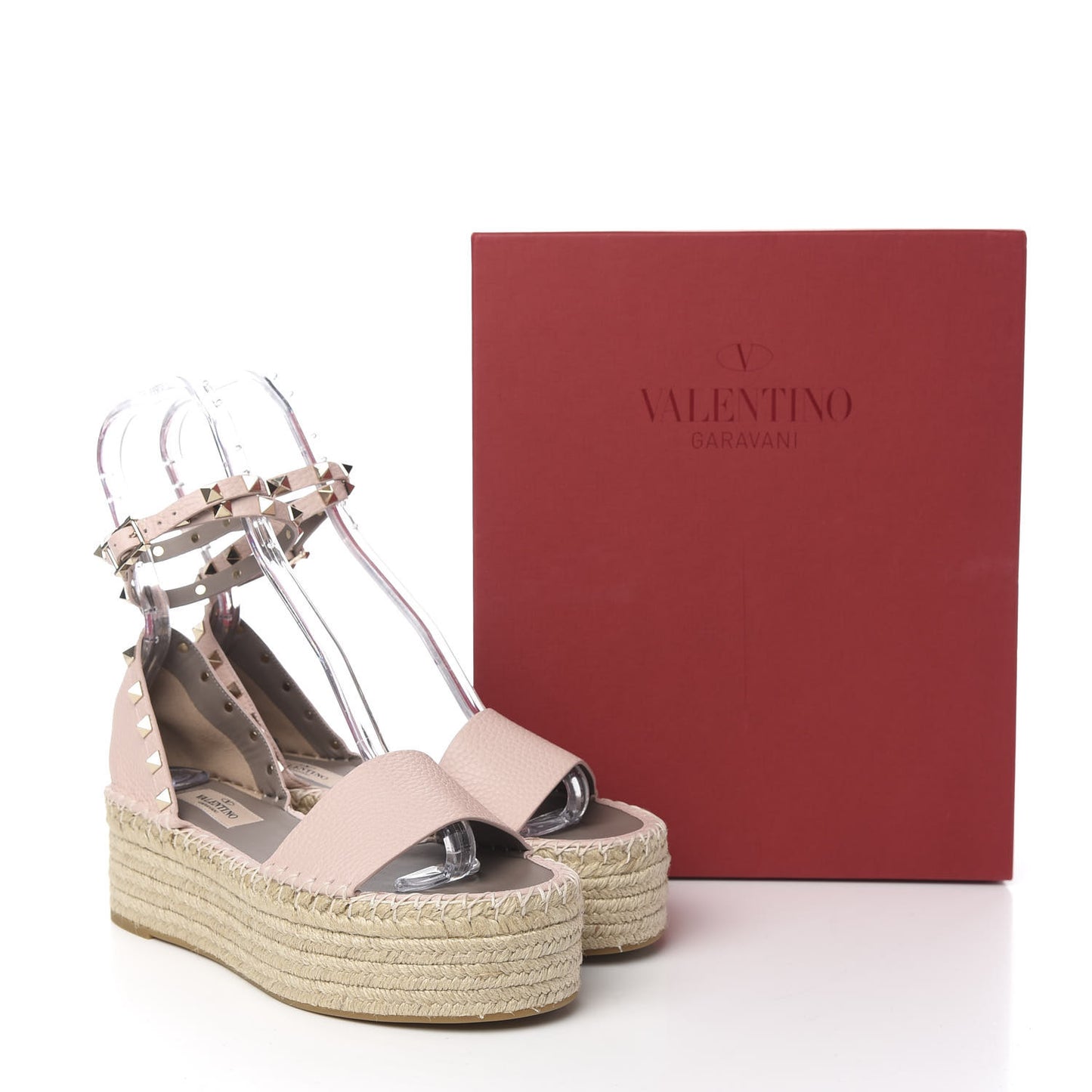Grained Calfskin Rockstud Ankle Wrap Espadrille Flatform Sandals 38 Rose Quartz