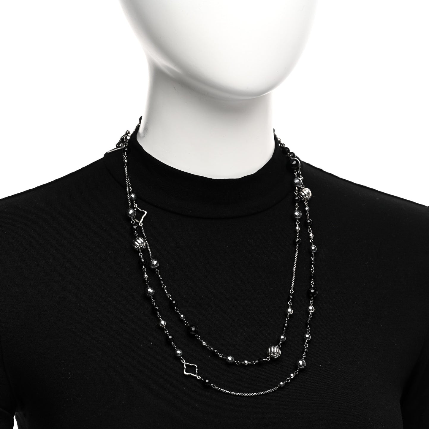 Darkened Sterling Silver Onyx Hematite Quatrefoil Bead Chain Necklace