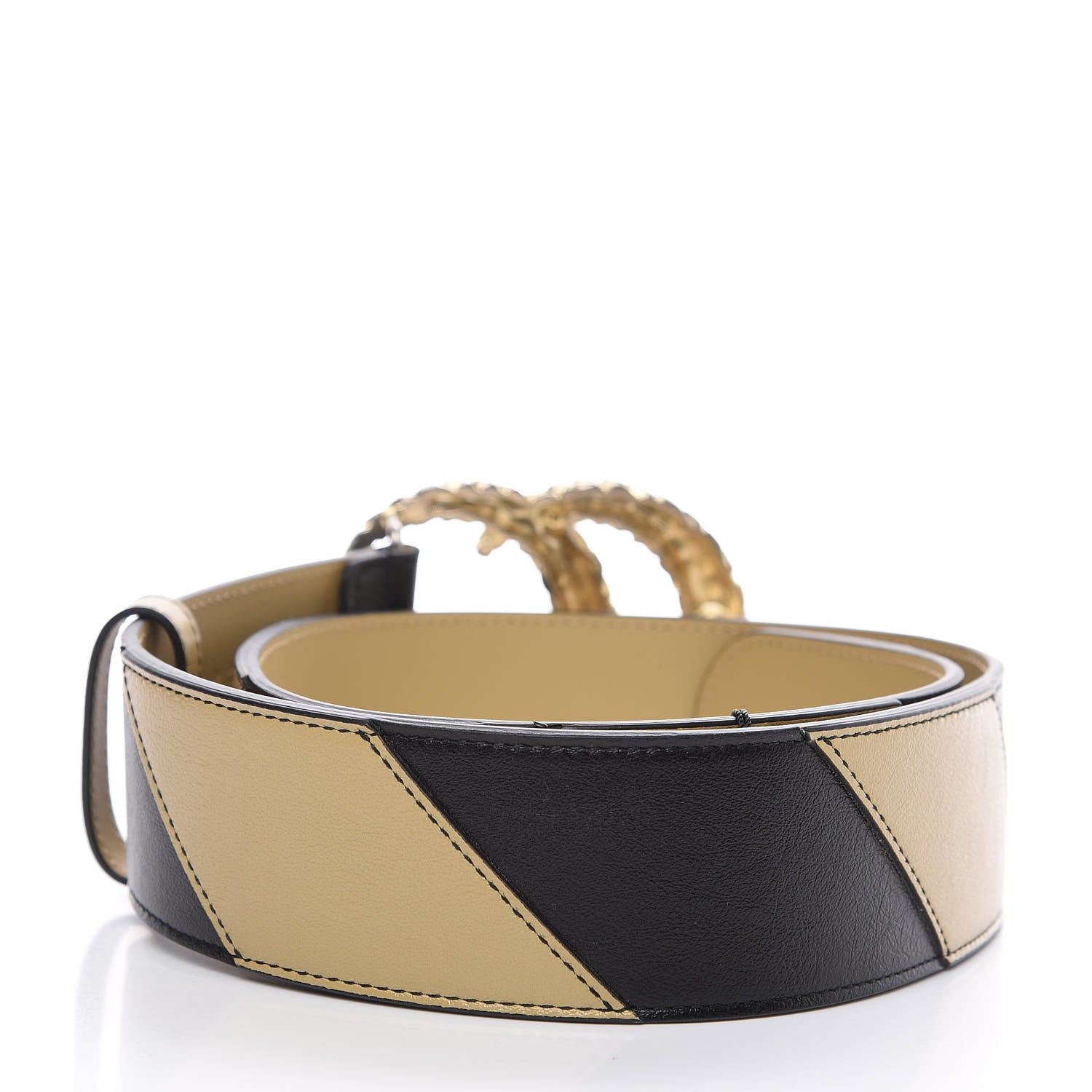 Gucci Calfskin Striped Textured Double G 50mm Belt 85 34 Black Beige 2 of 4