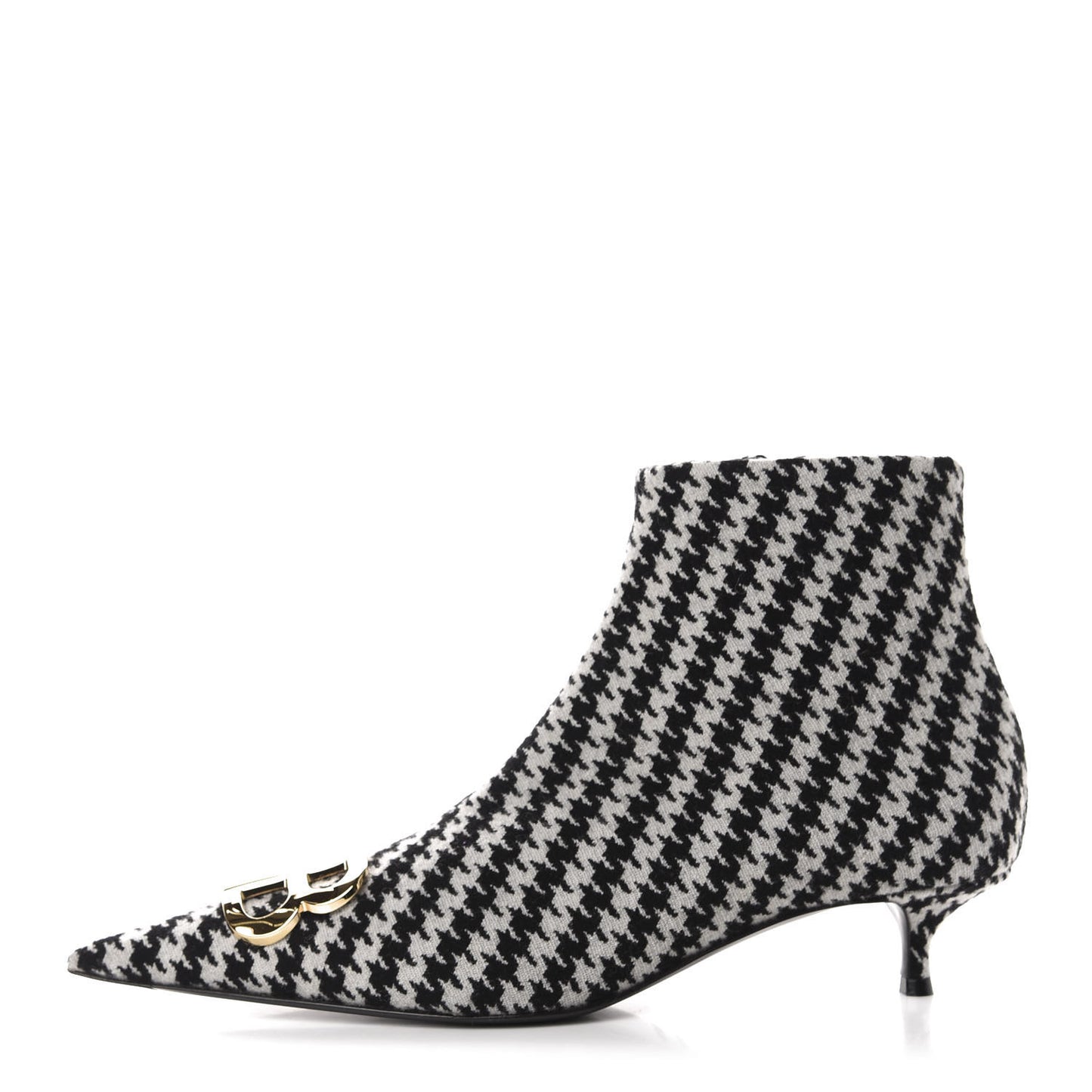 Wool Houndstooth BB Pointy Toe Ankle Booties 41 Black Ivory