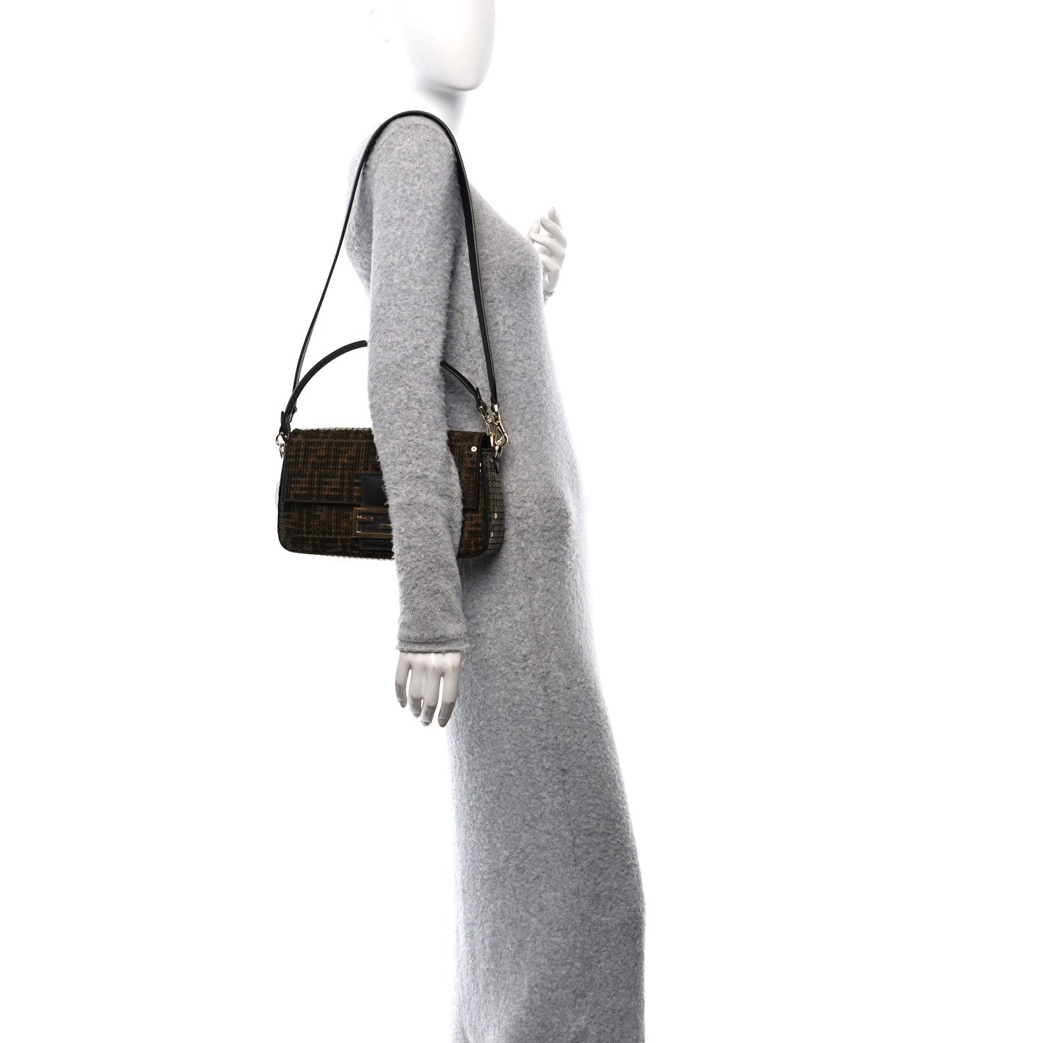 Fendi Fabric Jacquard Paillettes Vitello Seta FF Baguette Testa di Moro Real Ebano 2 of 10