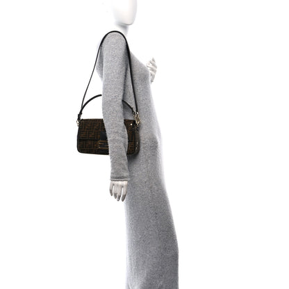 Fendi Fabric Jacquard Paillettes Vitello Seta FF Baguette Testa di Moro Real Ebano 2 of 10