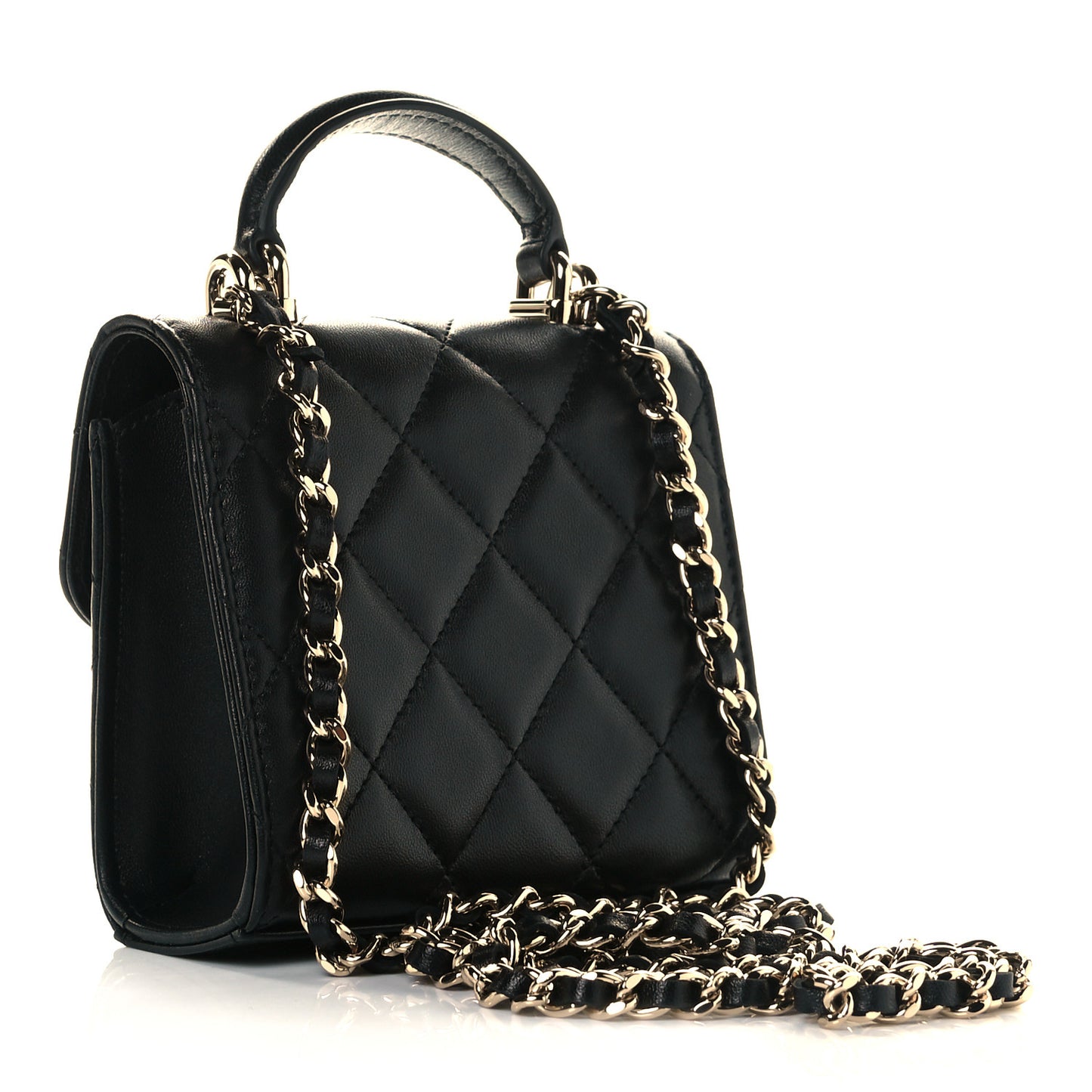 Lambskin Quilted Top Handle Flap Clutch With Chain Black