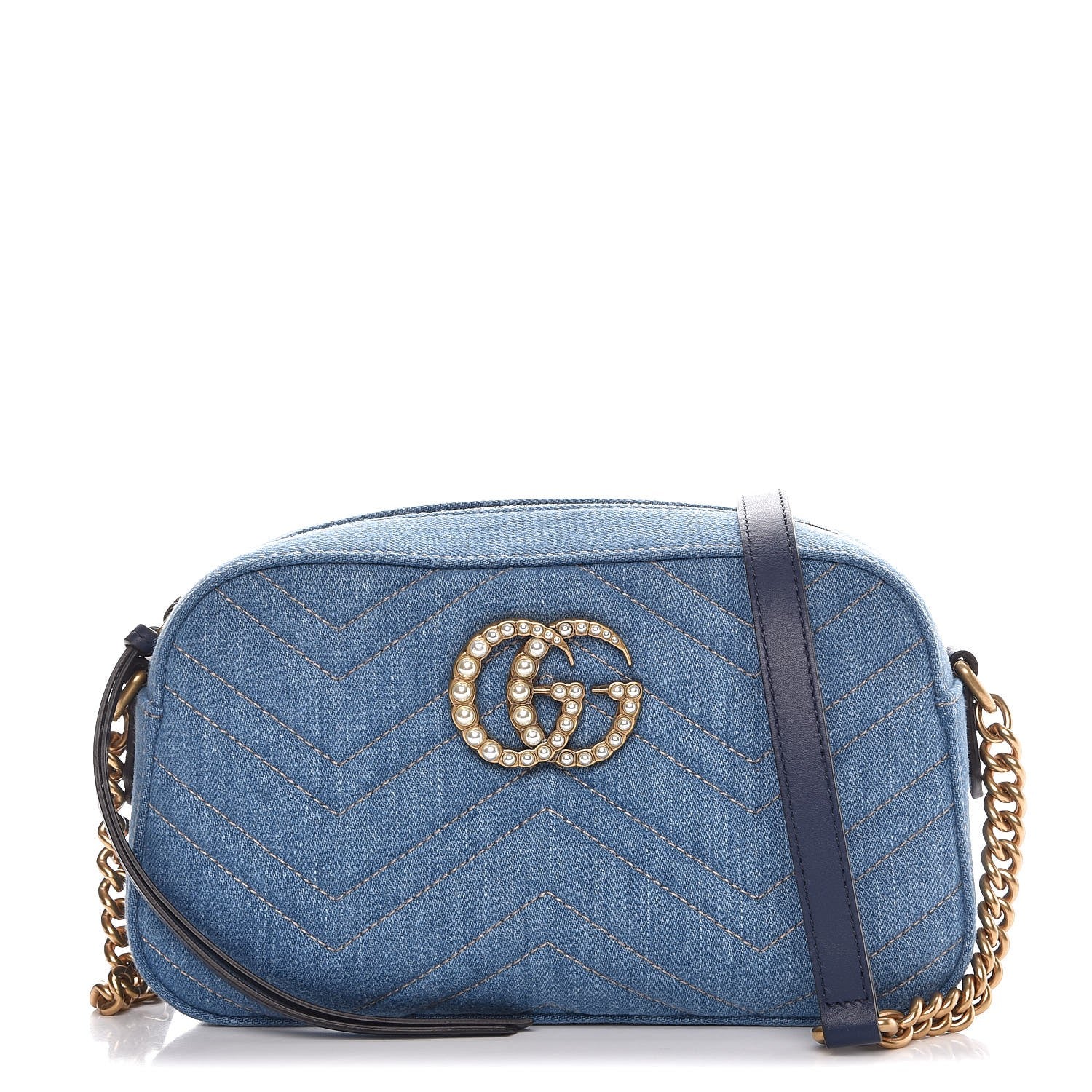 Gucci Denim Matelasse Small Pearly GG Marmont Chain Shoulder Bag Blue 1 of 8
