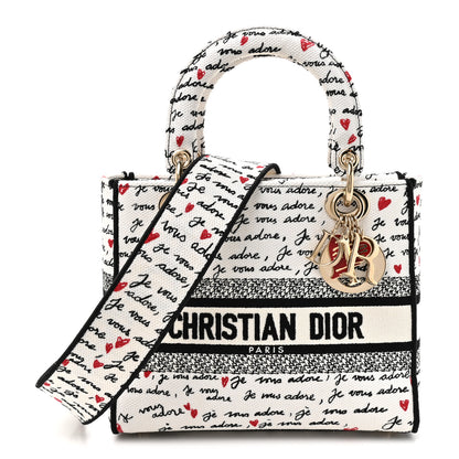 Christian Dior Canvas Embroidered Dioramour Je Vous Adore Medium Lady D-Lite White Black Red 1 of 10