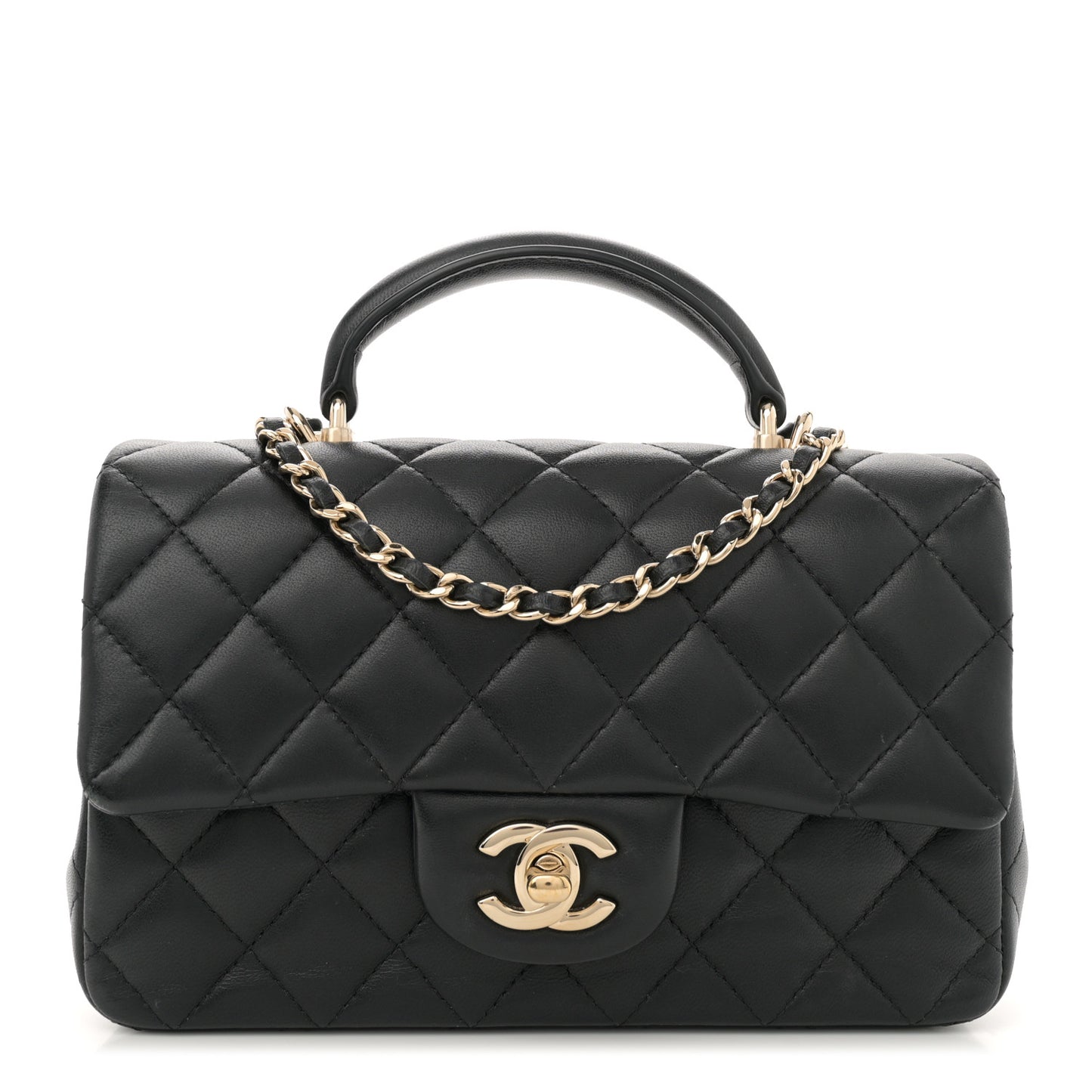 Lambskin Quilted Mini Top Handle Rectangular Flap Black