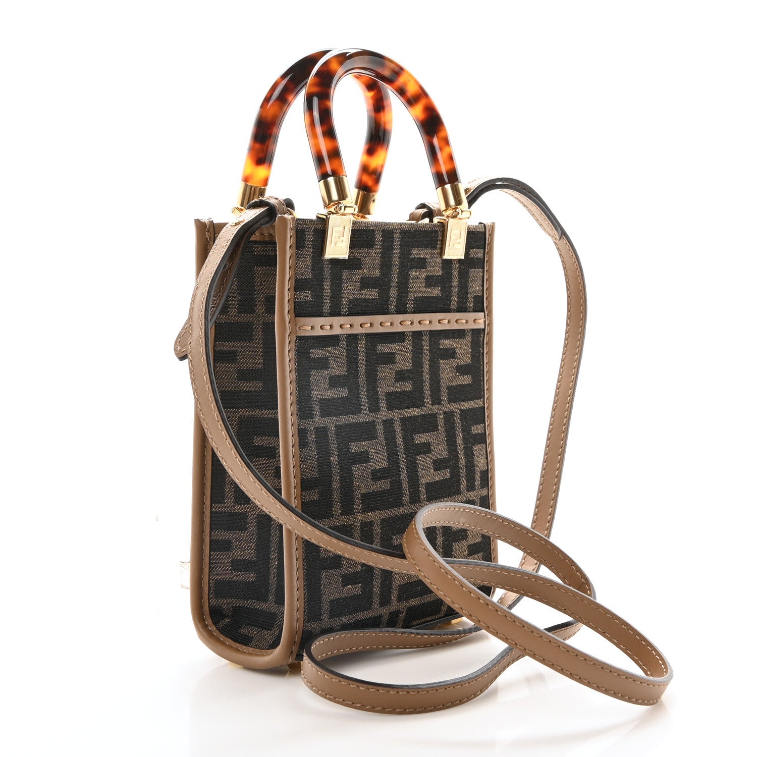 Fendi Fabric Jacquard Vitello King Plexiglass FF 1974 Mini Fendi Sunshine Shopper Tote Tobacco Moro Sand 3 of 10