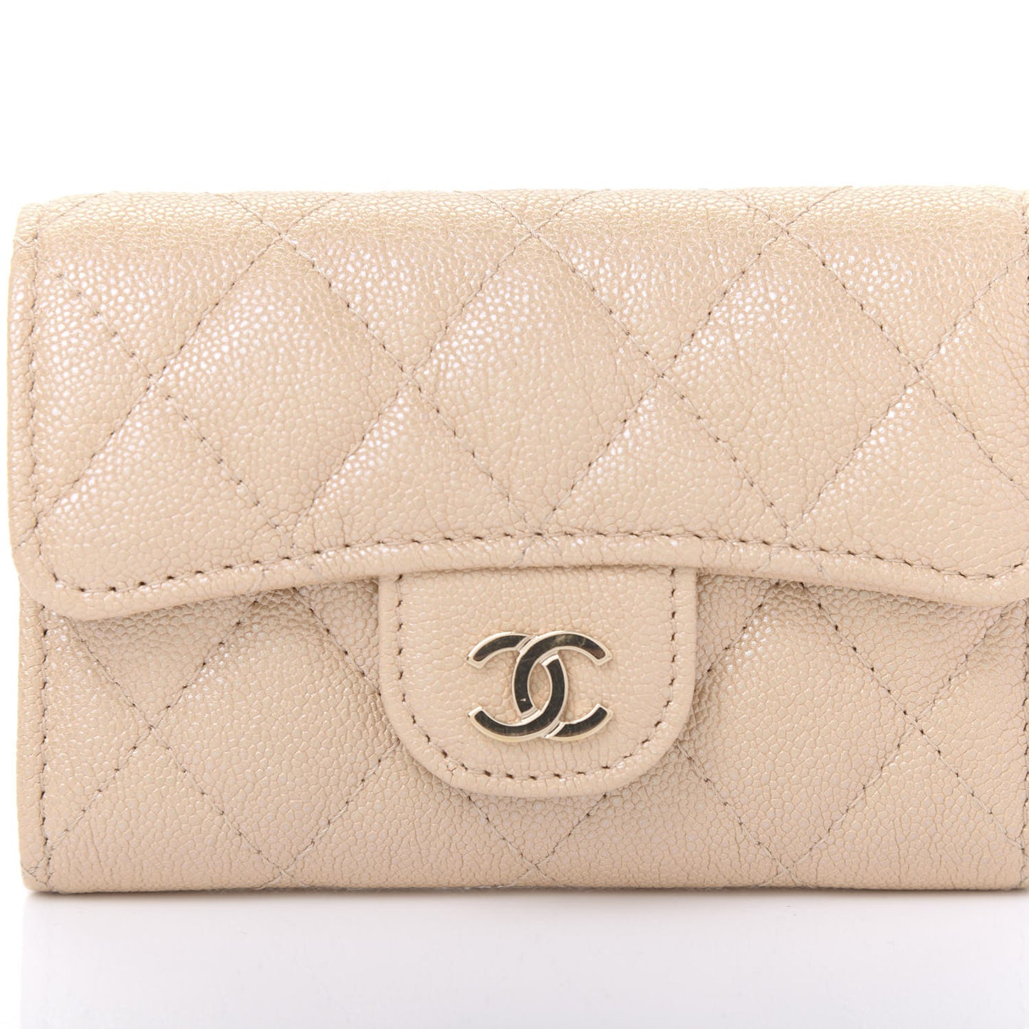 Iridescent Caviar Quilted Flap Card Holder Beige