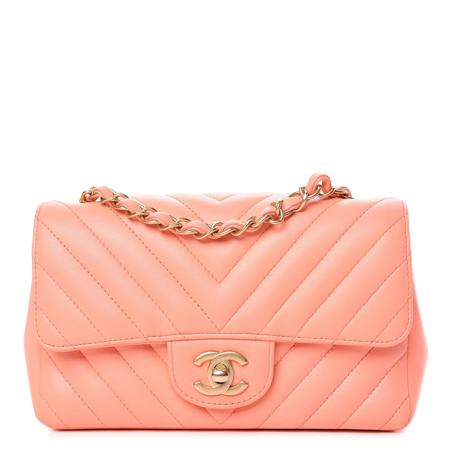 Lambskin Chevron Quilted Mini Rectangular Flap Coral