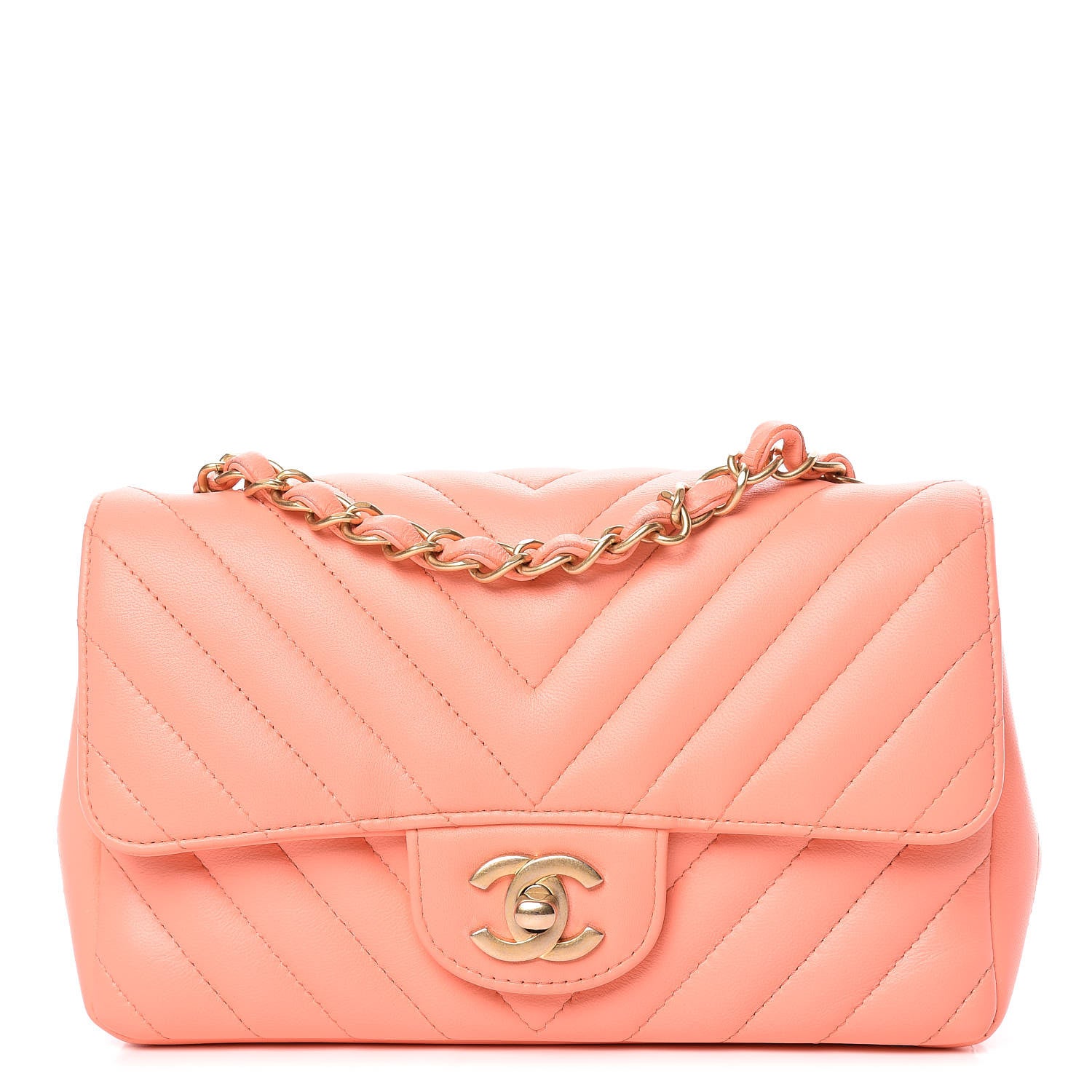 Chanel Lambskin Chevron Quilted Mini Rectangular Flap Coral 1 of 10