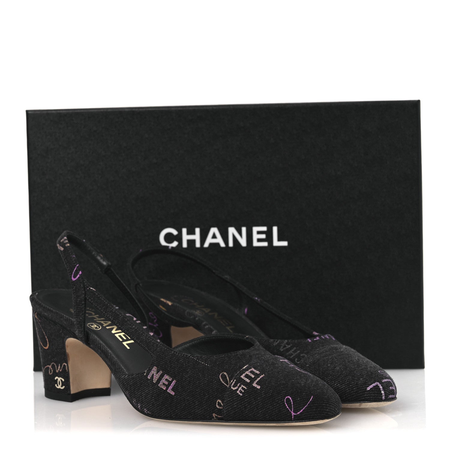 Chanel Denim Cap Toe Denim Mood Slingback Pumps 38 Dark Grey Multicolor 11 of 11