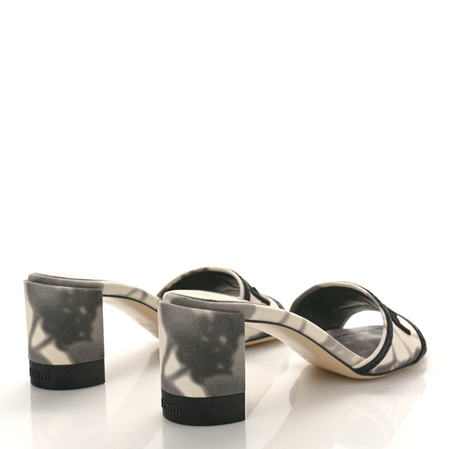 Fendi Canvas Floral Print Logo Mid-Heel Slide Sandals 39 Black White 3 of 10