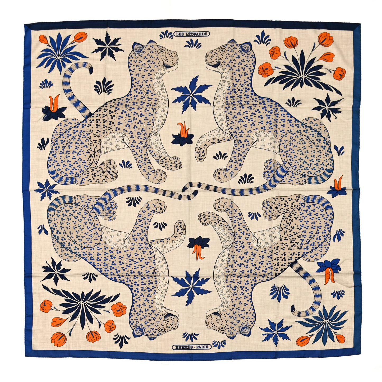 Cashmere Silk Les Leopards Shawl 140 Naturel Bleu Orange
