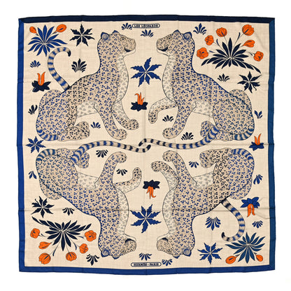 Hermes Cashmere Silk Les Leopards Shawl 140 Naturel Bleu Orange 1 of 5