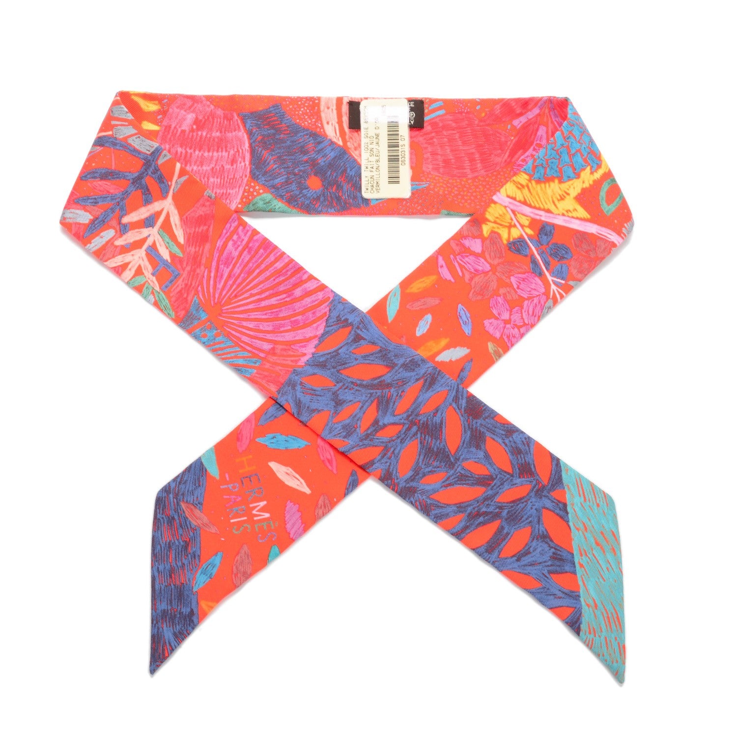 Hermes Silk Chacun Fait Son Nid Twilly Vermillon Bleu Jaune d'Or 1 of 6