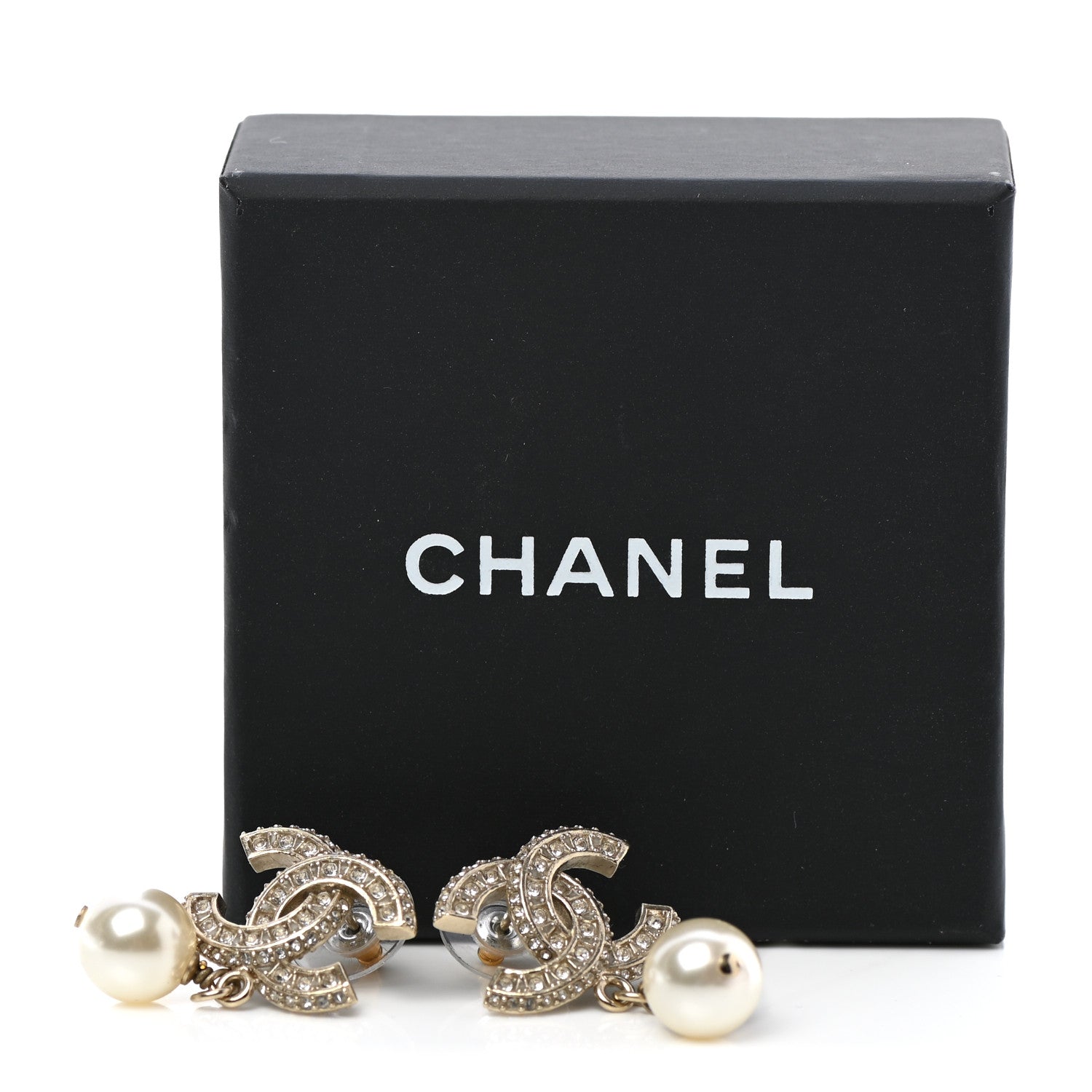 Chanel Crystal Pearl CC Drop Earrings Gold 5 of 5