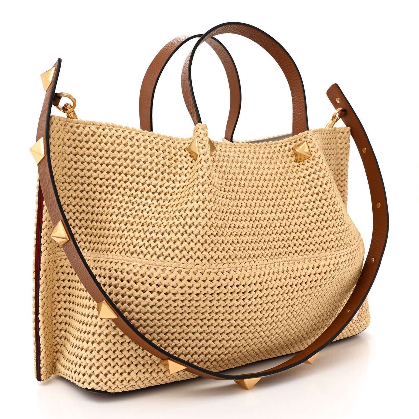 Raffia Grained Calfskin Medium Rockstud Vlogo Tote Naturale