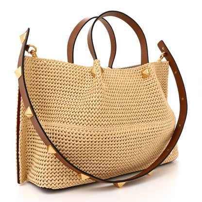 Valentino Garavani Raffia Grained Calfskin Medium Rockstud Vlogo Tote Naturale 4 of 11