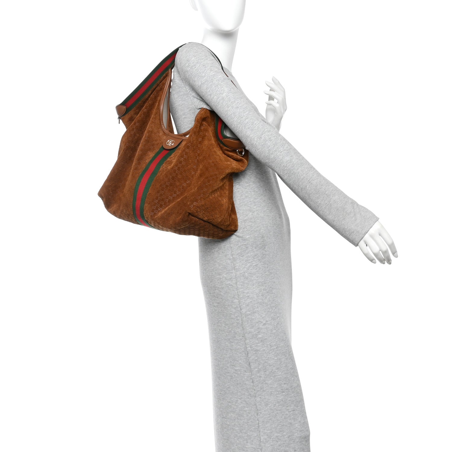 Gucci Suede GG Monogram Web Large Giglio Tote Brown 2 of 10