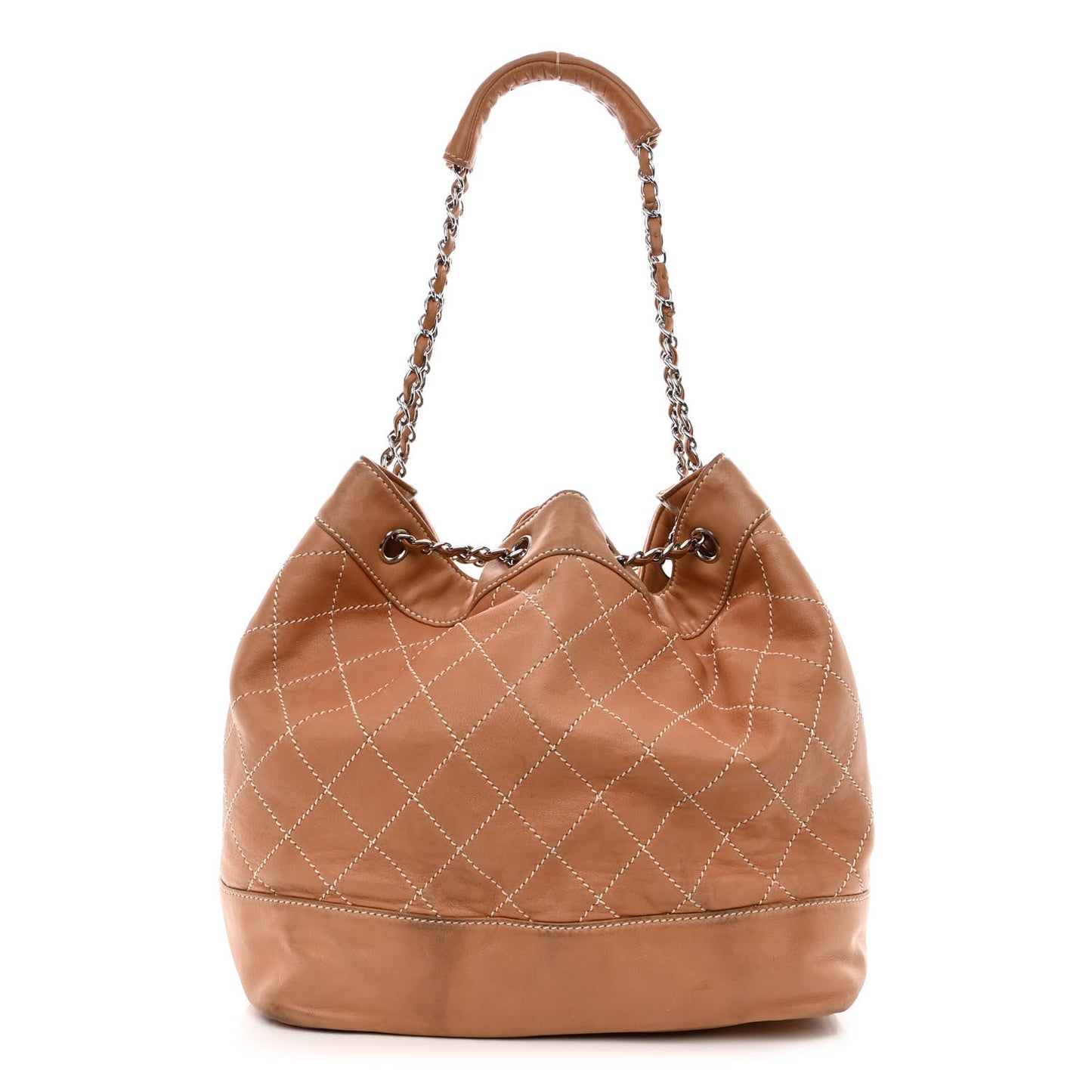 Lambskin Contrast Stitch Large Drawstring Tote Dark Beige