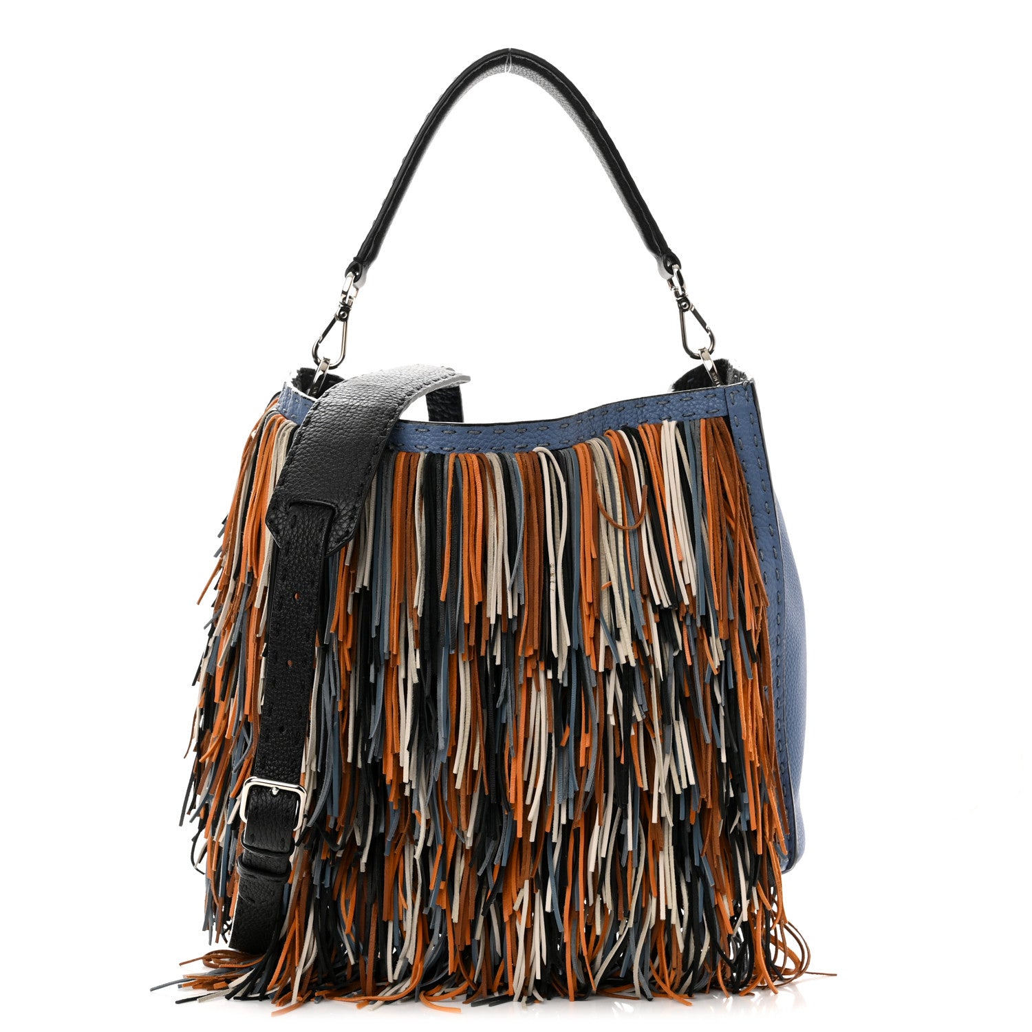 Fendi Nappa Romano Selleria Fringed Small Anna Bucket Bag Blue Cuoio 1 of 11