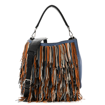 Fendi Nappa Romano Selleria Fringed Small Anna Bucket Bag Blue Cuoio 1 of 11