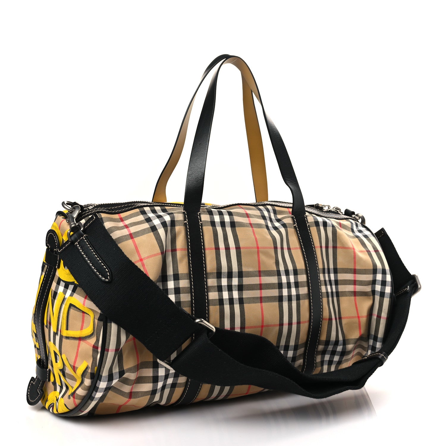 Burberry Calfskin Vintage Check Graffiti Print Duffle Bag Yellow 3 of 8