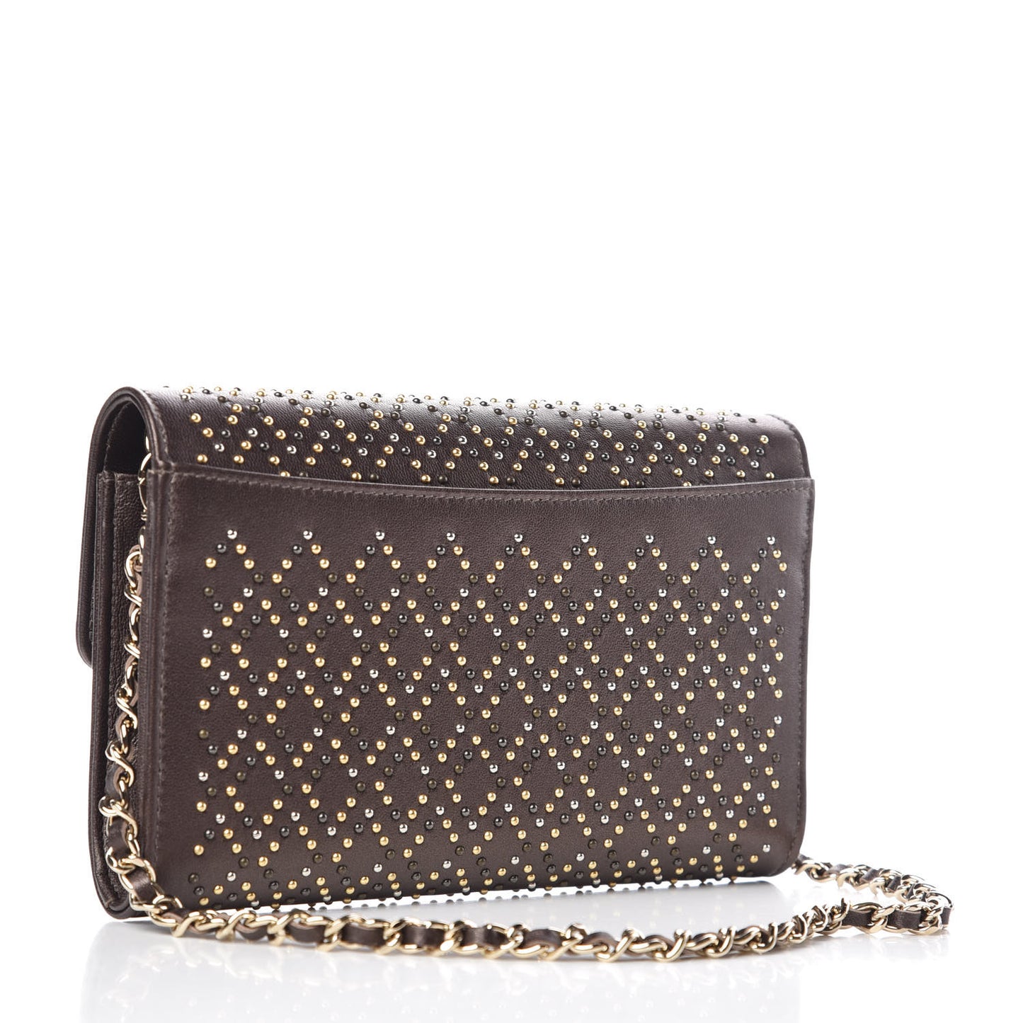 Lambskin Studded Wallet on Removable Chain Bronze