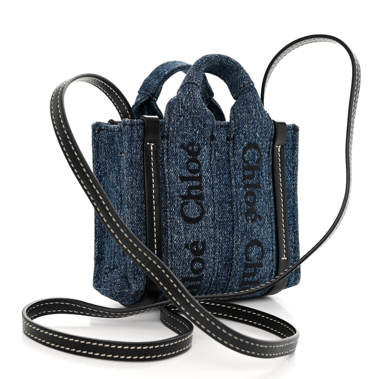 Denim Calfskin Nano Woody Ribbon Tote With Strap Blue