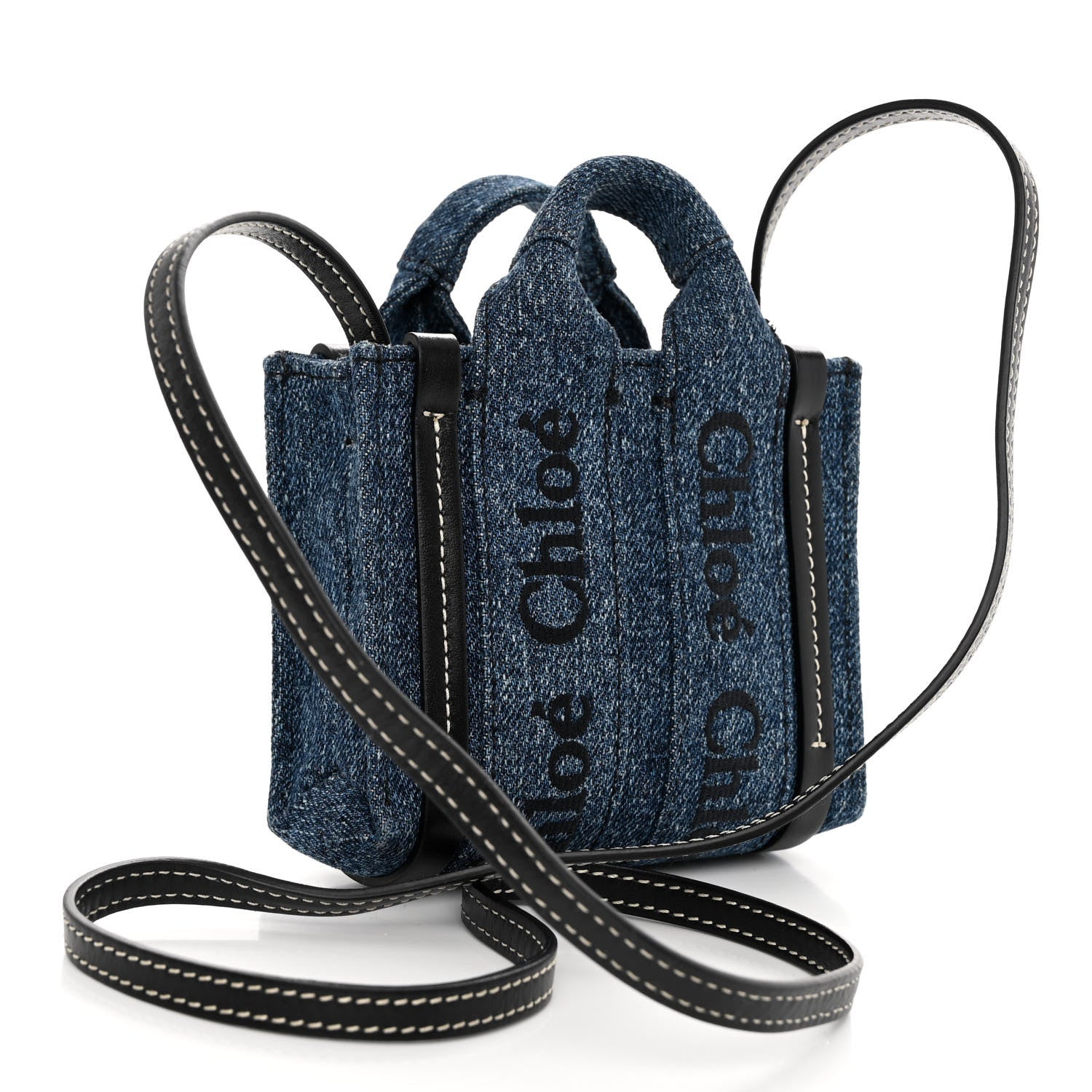 Chloe Denim Calfskin Nano Woody Ribbon Tote With Strap Blue 3 of 9