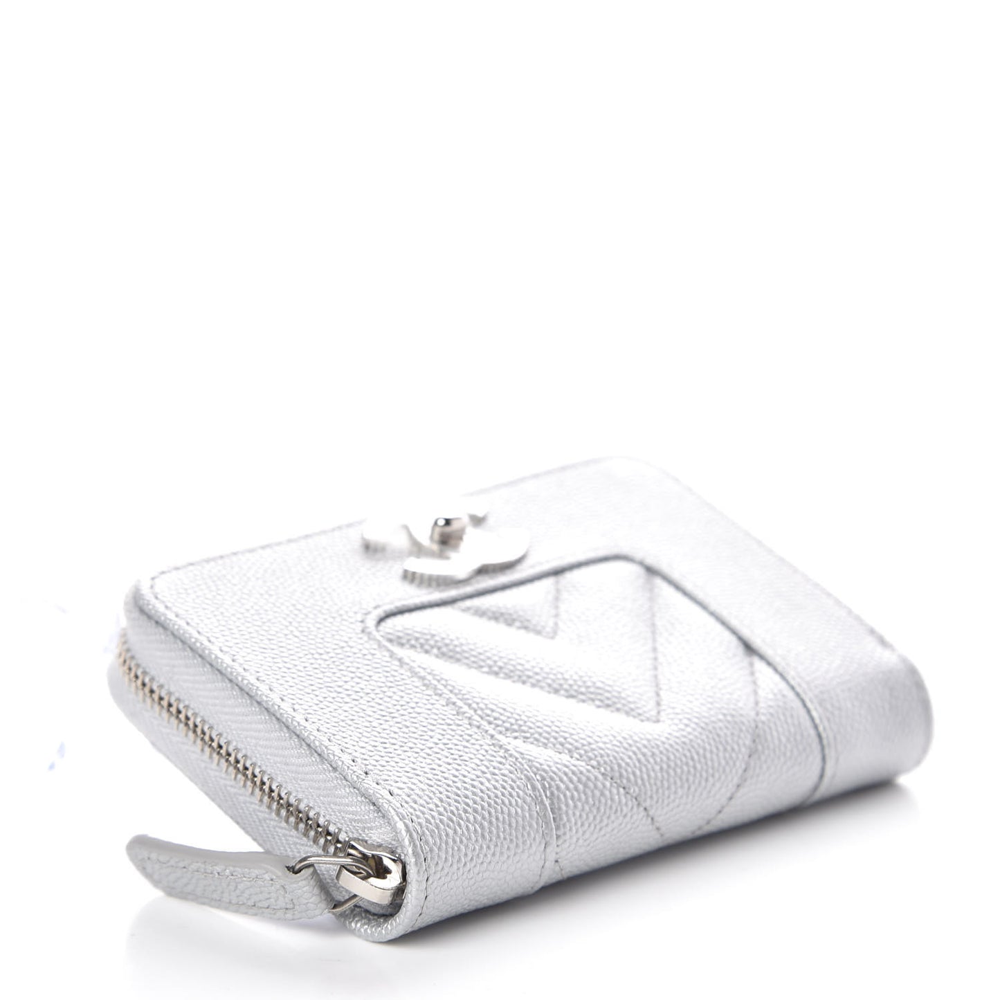 Metallic Caviar Chevron Quilted Vintage Mademoiselle Zip Coin Purse Silver