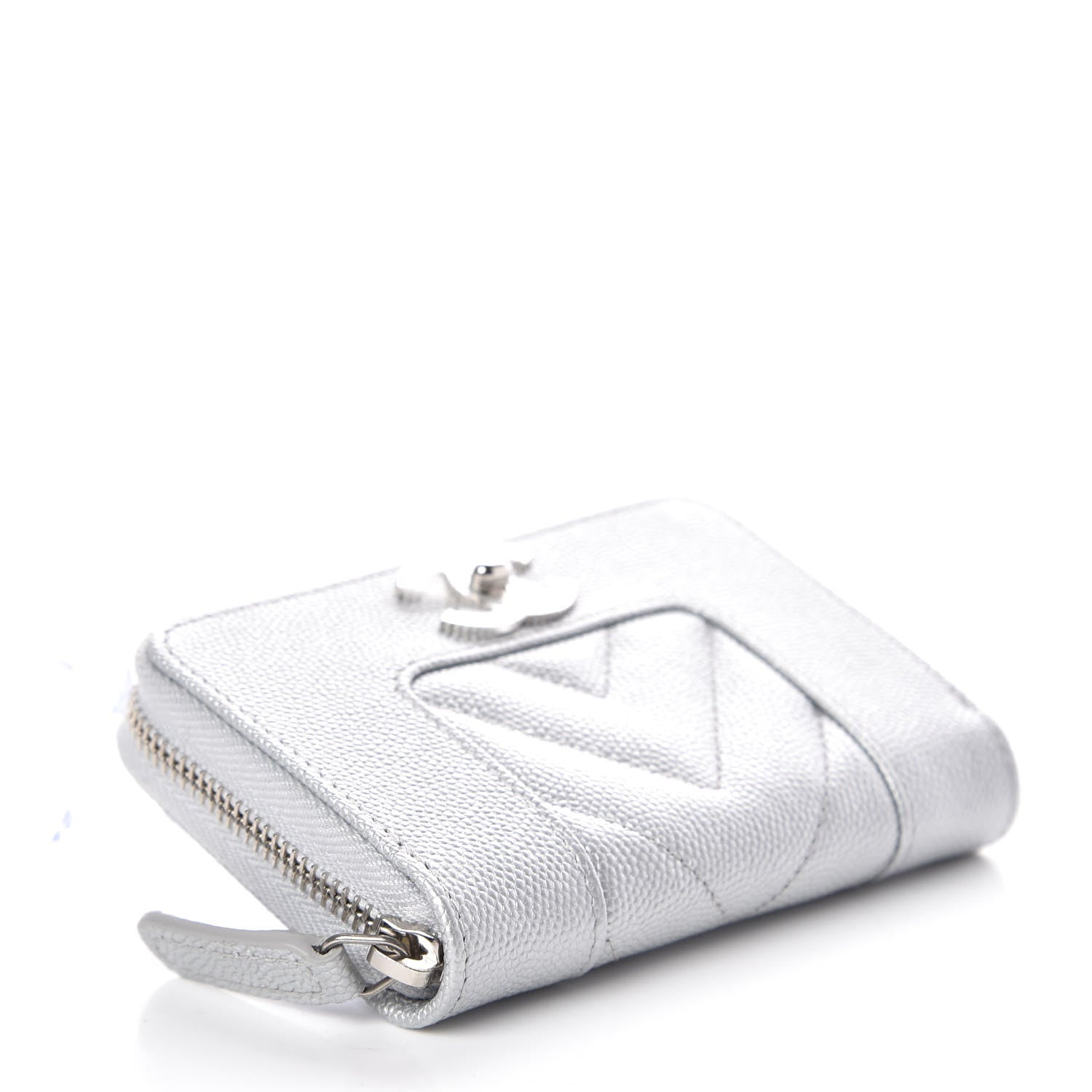 Chanel Metallic Caviar Chevron Quilted Vintage Mademoiselle Zip Coin Purse Silver 4 of 8