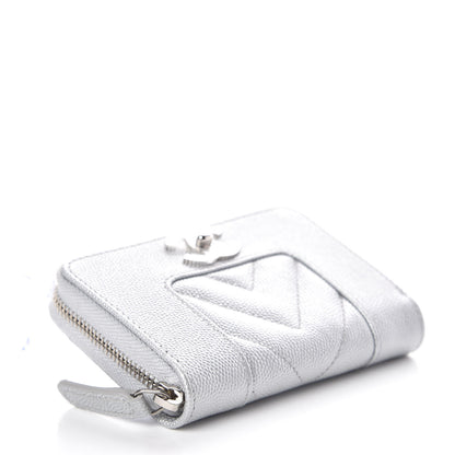 Chanel Metallic Caviar Chevron Quilted Vintage Mademoiselle Zip Coin Purse Silver 4 of 8