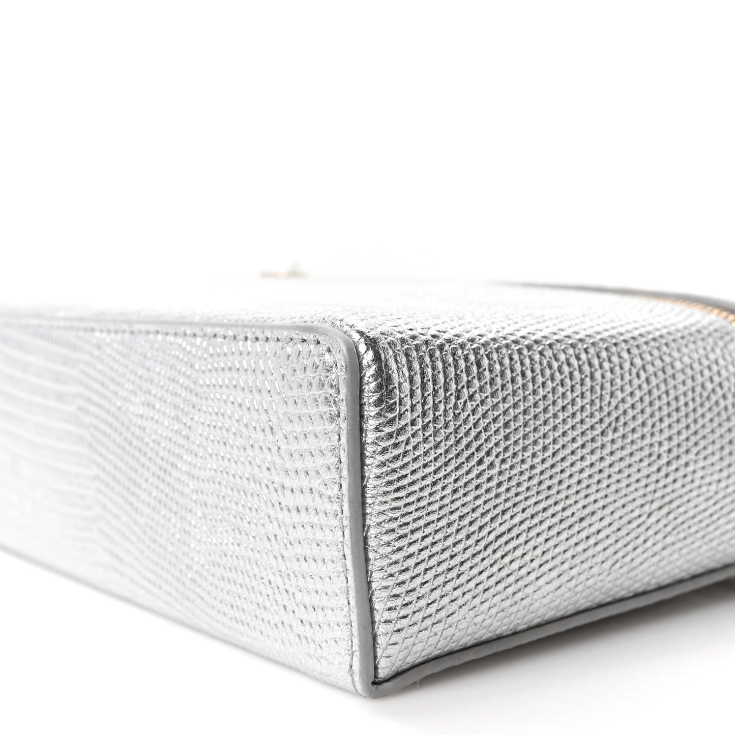 Lizard Embossed Top Handle Slim Vanity With Chain Silver