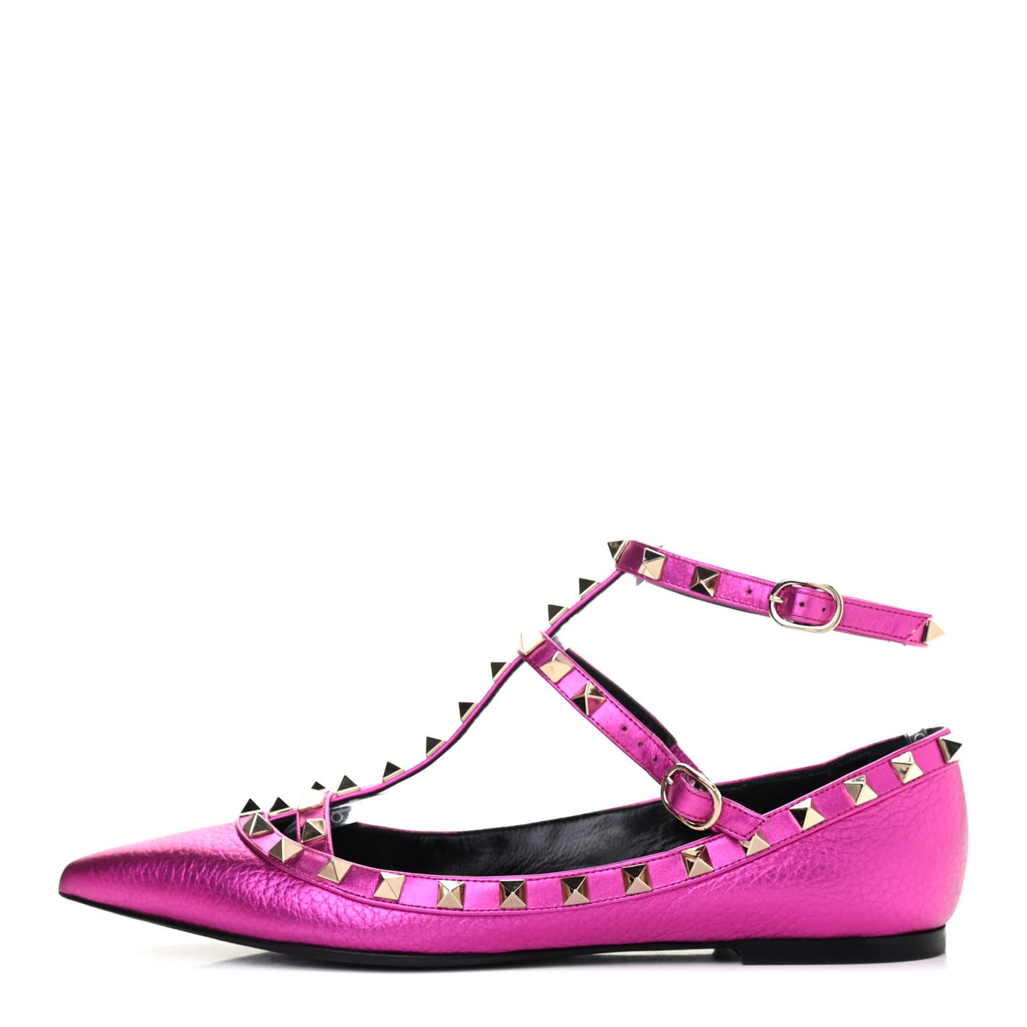 Metallic Pebbled Calfskin Rockstud Cage Ballerina Flats 38 Peony