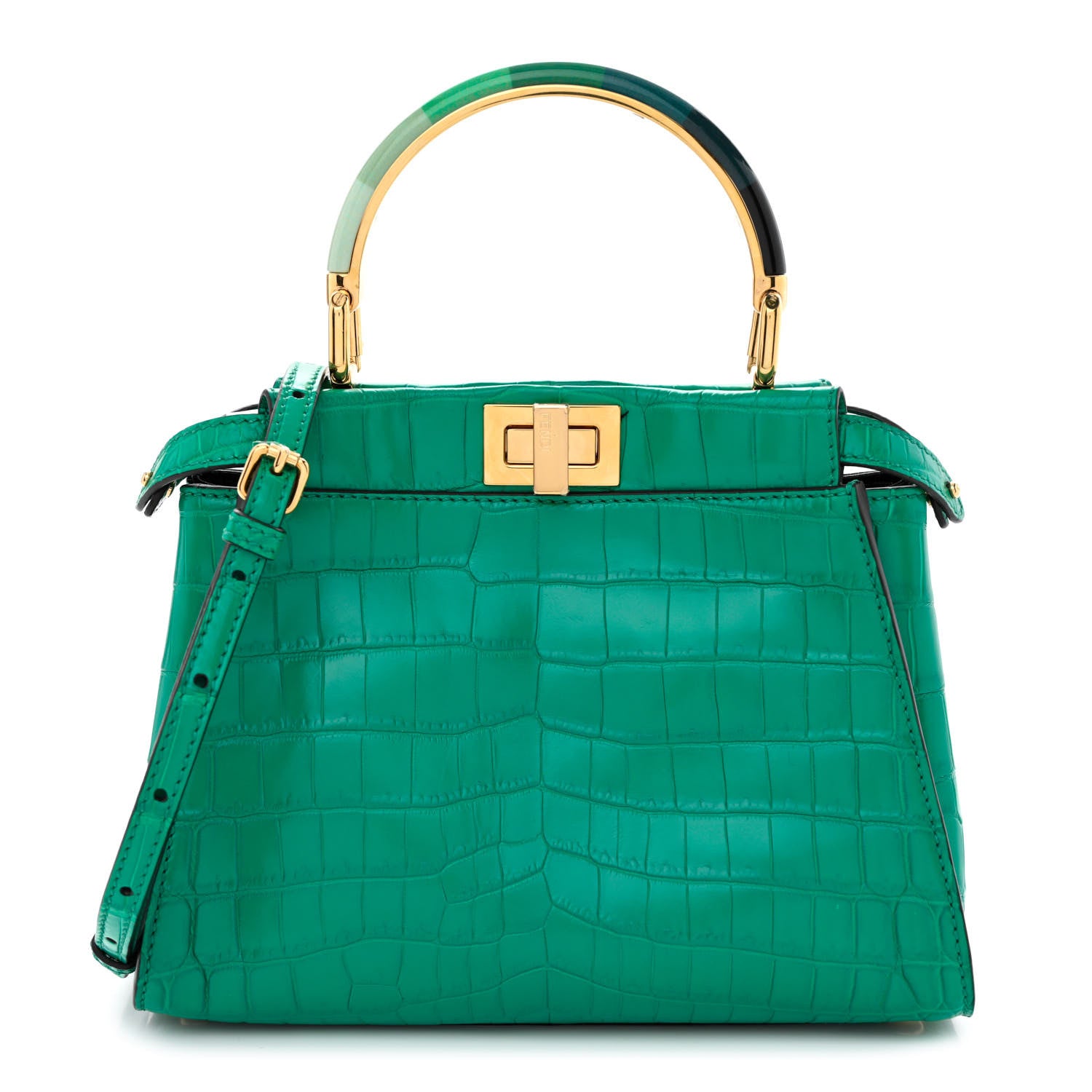 Fendi Shiny Crocodile Nappa Mini Plexi Handle Peekaboo Iconic Satchel Emerald 1 of 12