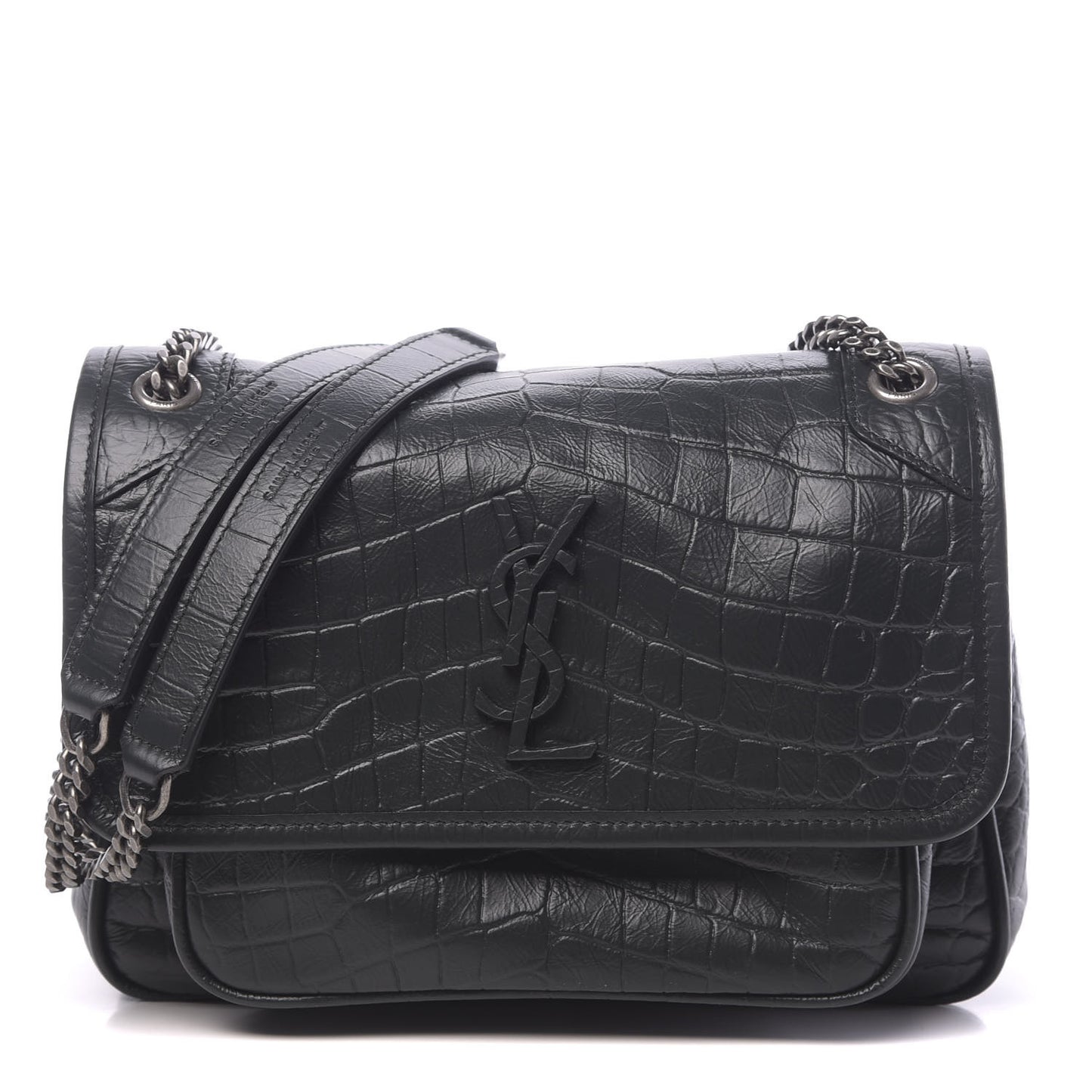 Calfskin Crocodile Embossed Matelasse Monogram Baby Niki Chain Satchel Black
