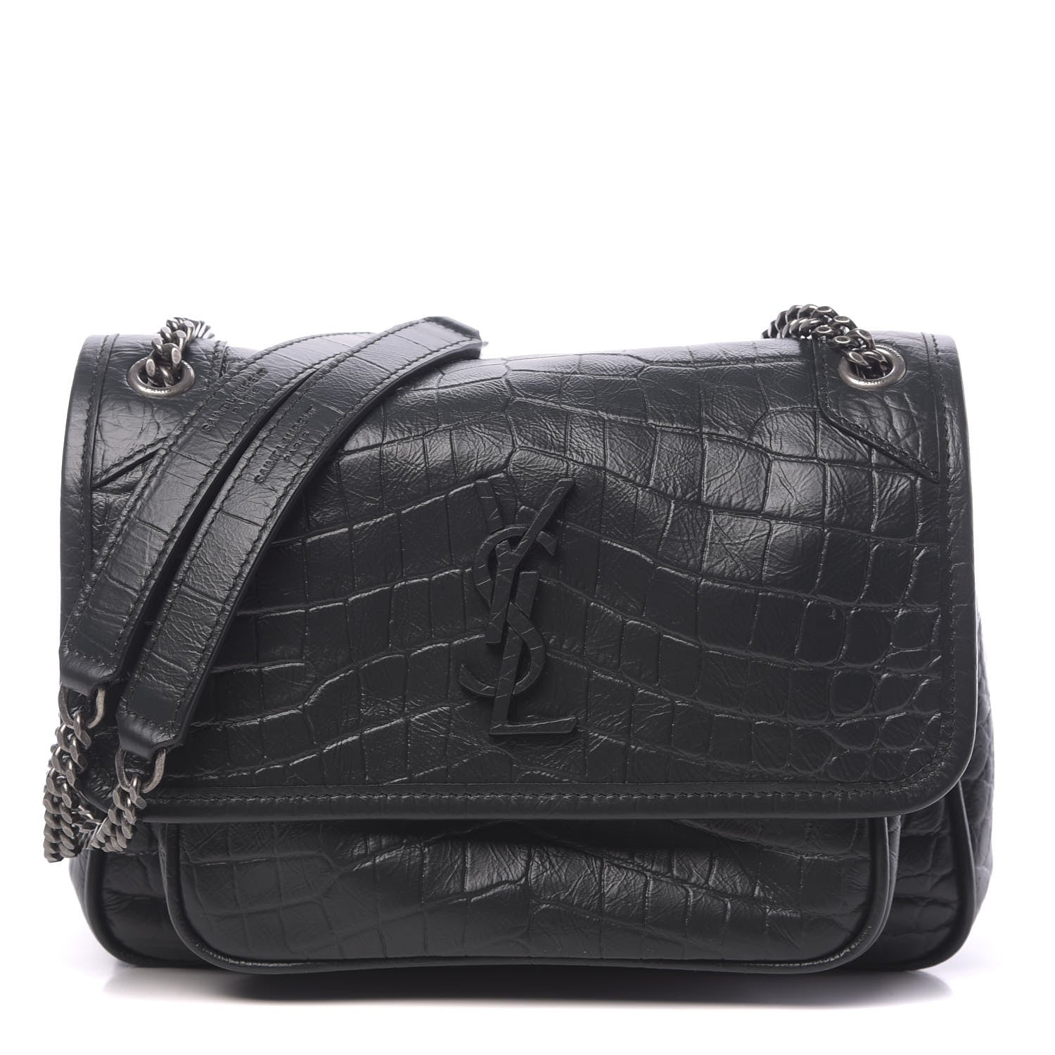 Saint Laurent Calfskin Crocodile Embossed Matelasse Monogram Baby Niki Chain Satchel Black 1 of 9