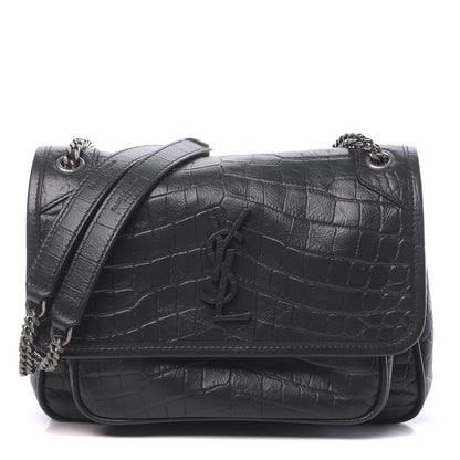 Saint Laurent Calfskin Crocodile Embossed Matelasse Monogram Baby Niki Chain Satchel Black 1 of 9