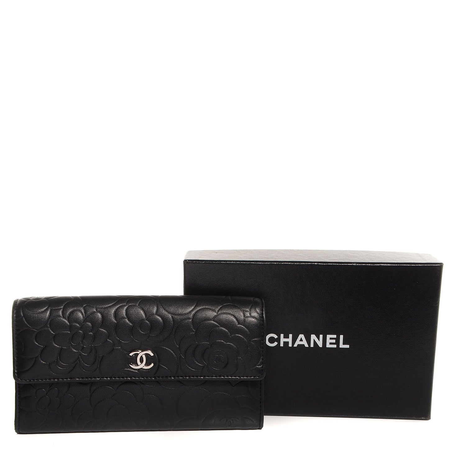 Lambskin Embossed Camellia Large Gusset Flap Wallet Black