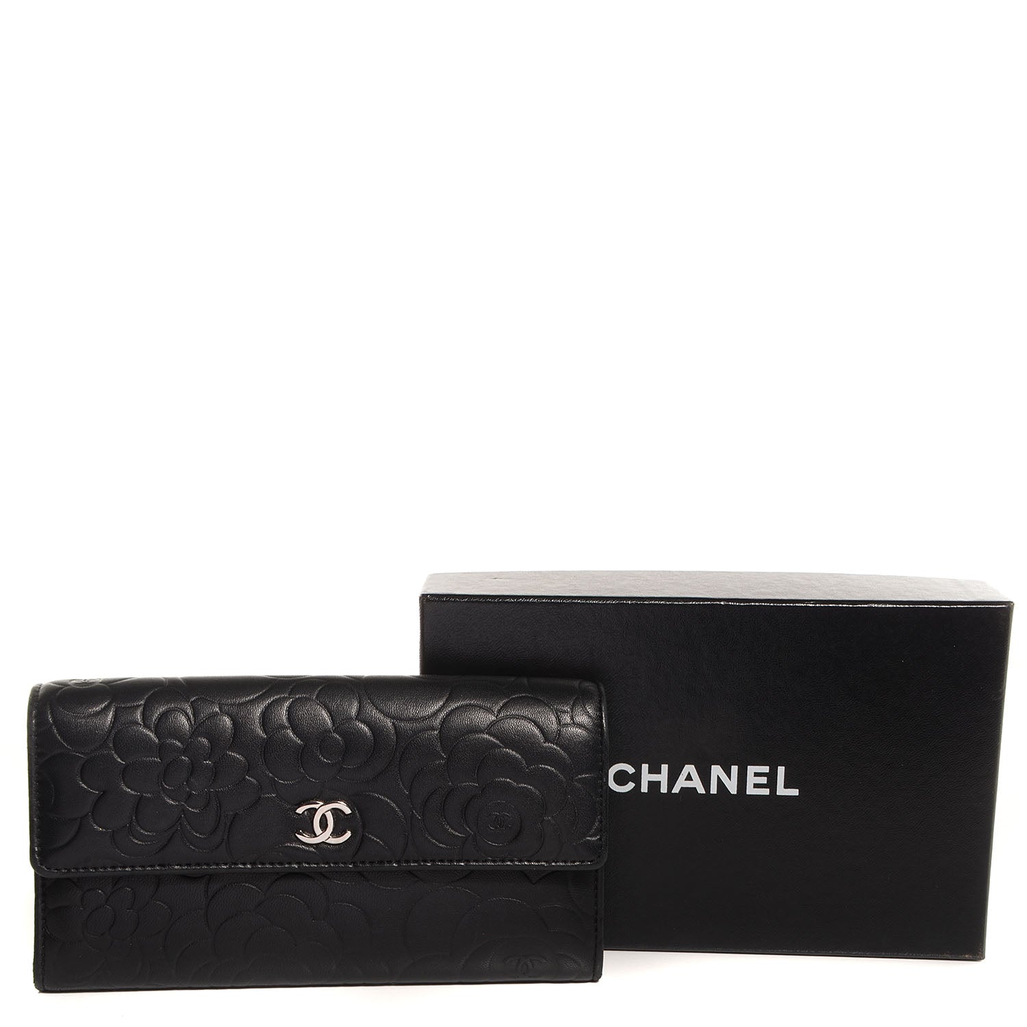 Chanel Lambskin Embossed Camellia Large Gusset Flap Wallet Black 5 of 9