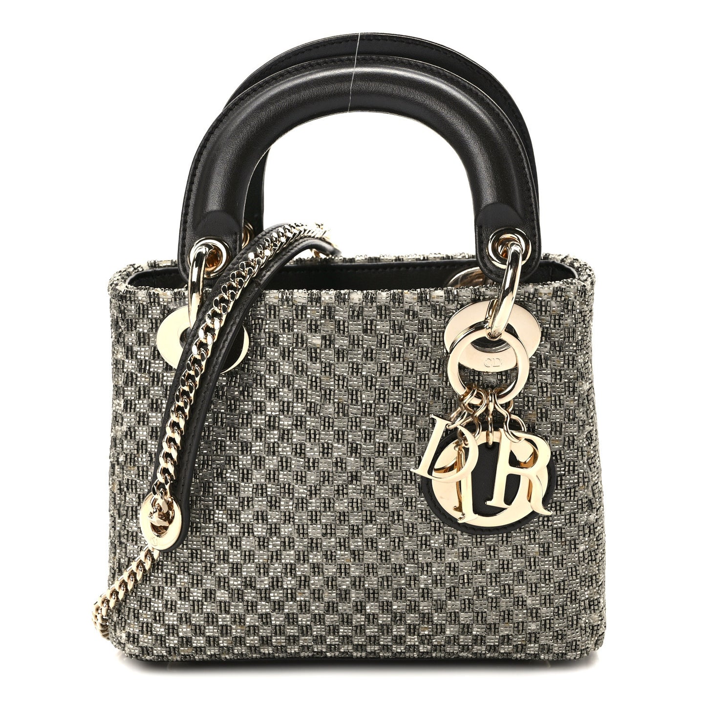 Calfskin Beaded Checkered Mini Lady Dior Grey White