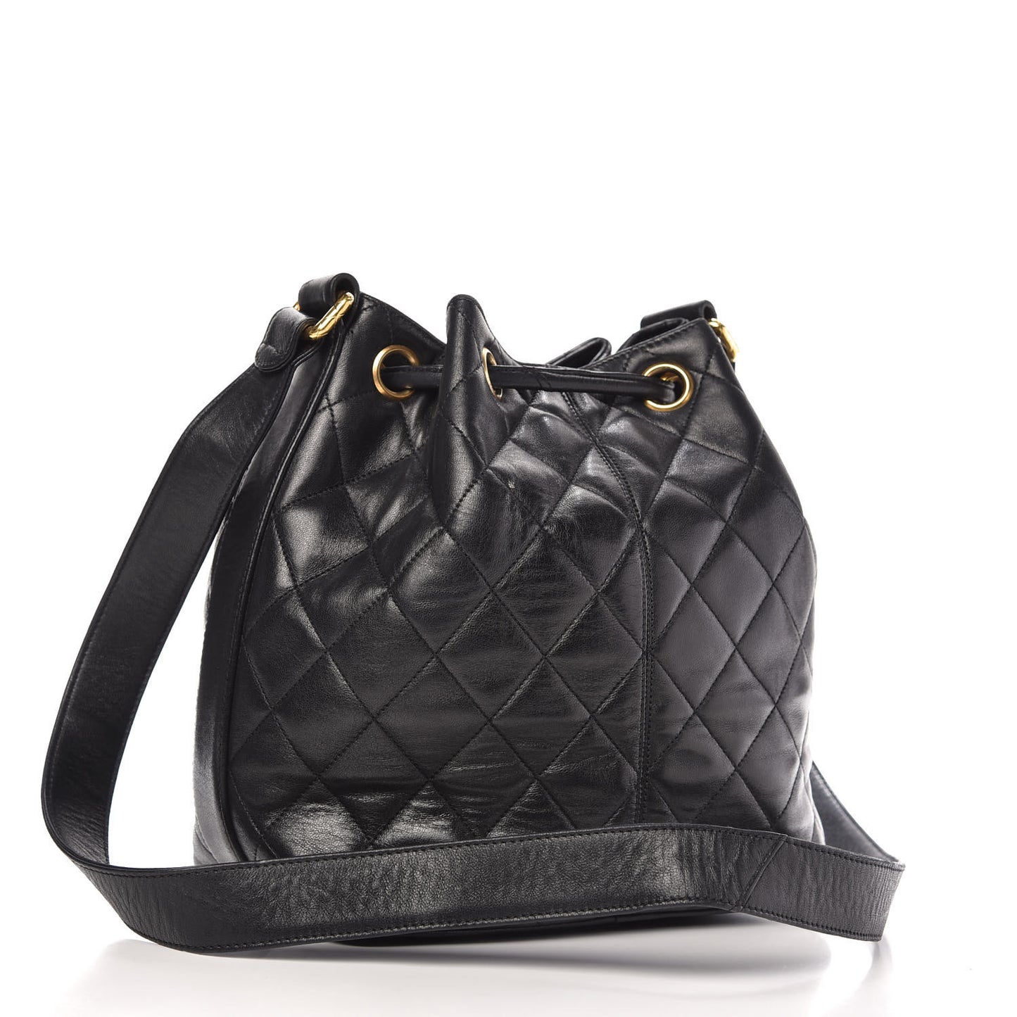 Lambskin Quilted Drawstring Shoulder Bag Black