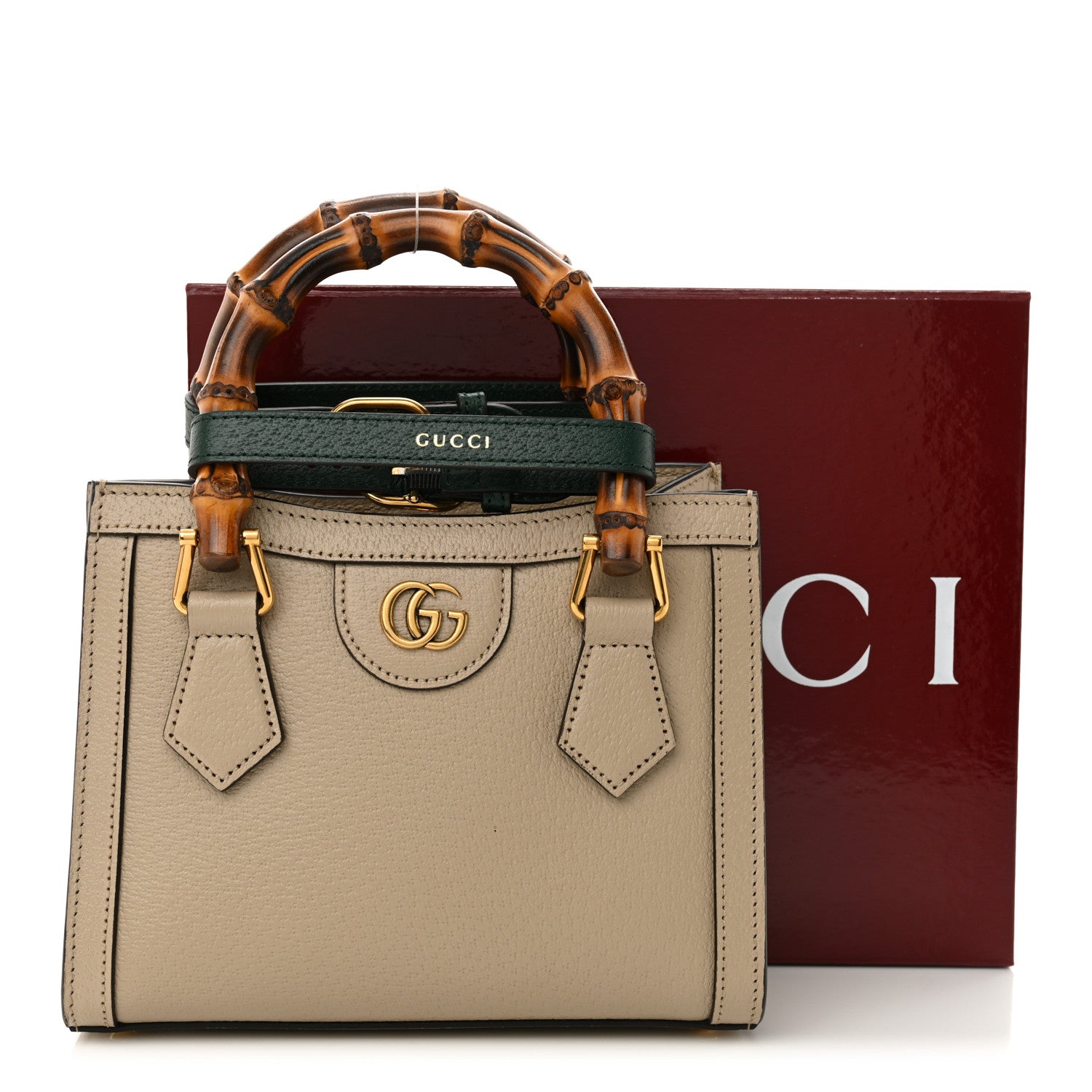 Gucci Textured Dollar Calfskin Web Mini Diana Tote Bag Oatmeal Vintage Green 11 of 11