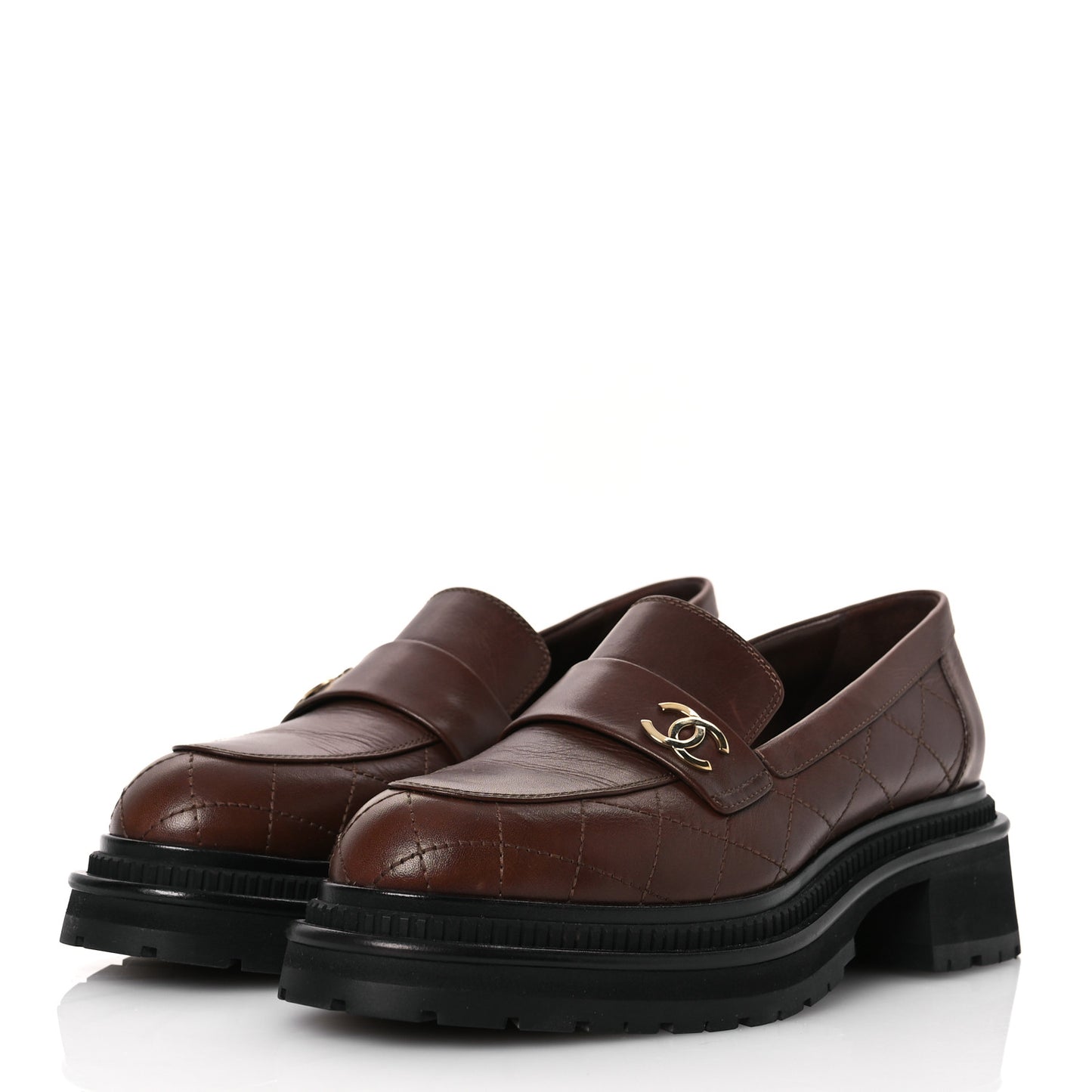 Calfskin Quilted CC Mocassin Loafers 41 Brown